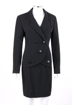 CHANEL Boutique c.1980's Black Wool Crepe Double Breasted One Piece Dress Suit