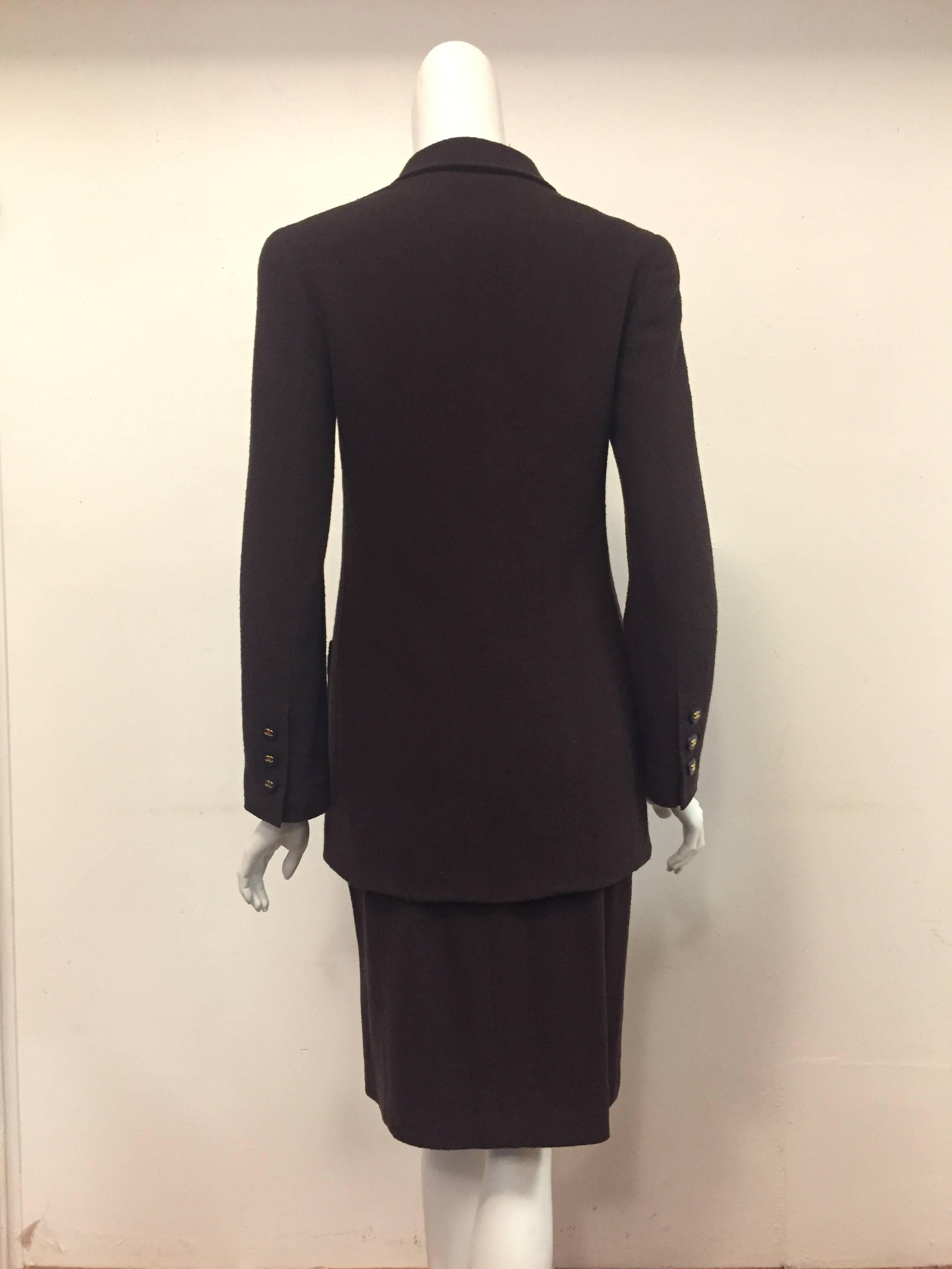 Black Chanel Boutique Chocolate Wool Blend Skirt Suit with Longer Length Jacket For Sale