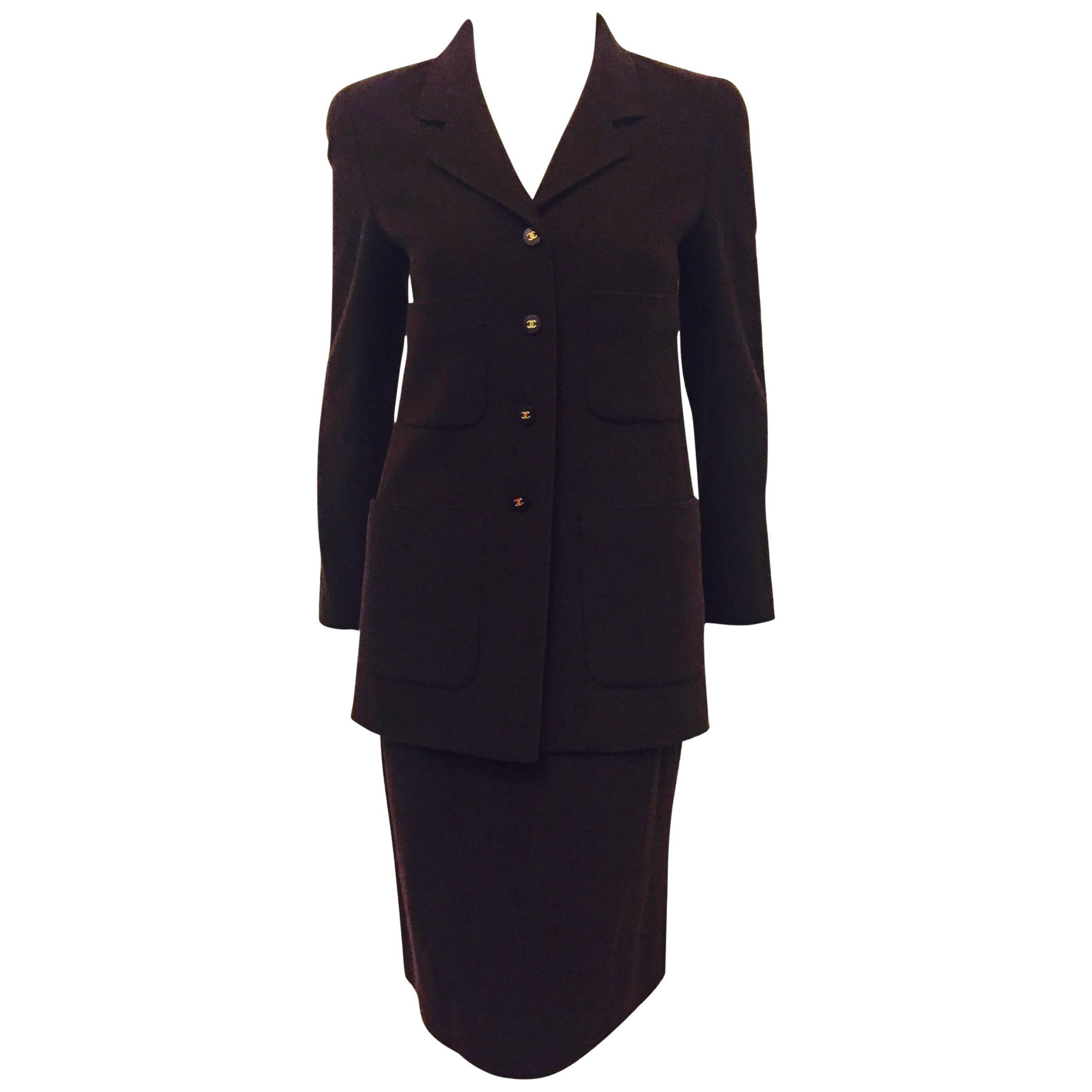 Chanel Boutique Chocolate Wool Blend Skirt Suit with Longer Length Jacket For Sale