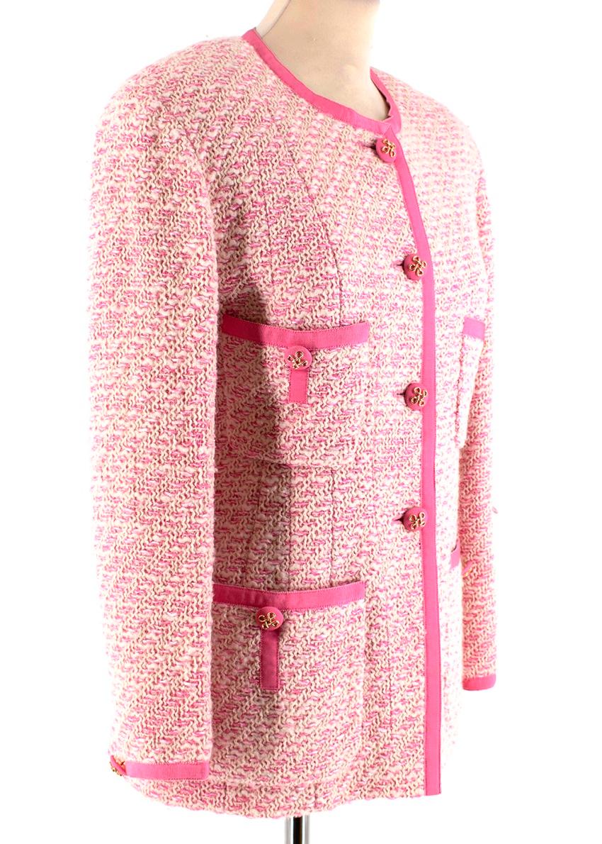 Chanel Pink Boucle Blazer Cc Logo Runway Lesage Tweed Knit

- Material: Tweed
- Colour: Pink
- Size: 38 FR Size guide
- Style: Vintage
- Gold Buttoned Detailing 
- x4 Outer Pockets 

Fully lined in camellia logo pink silk, with front buttoned