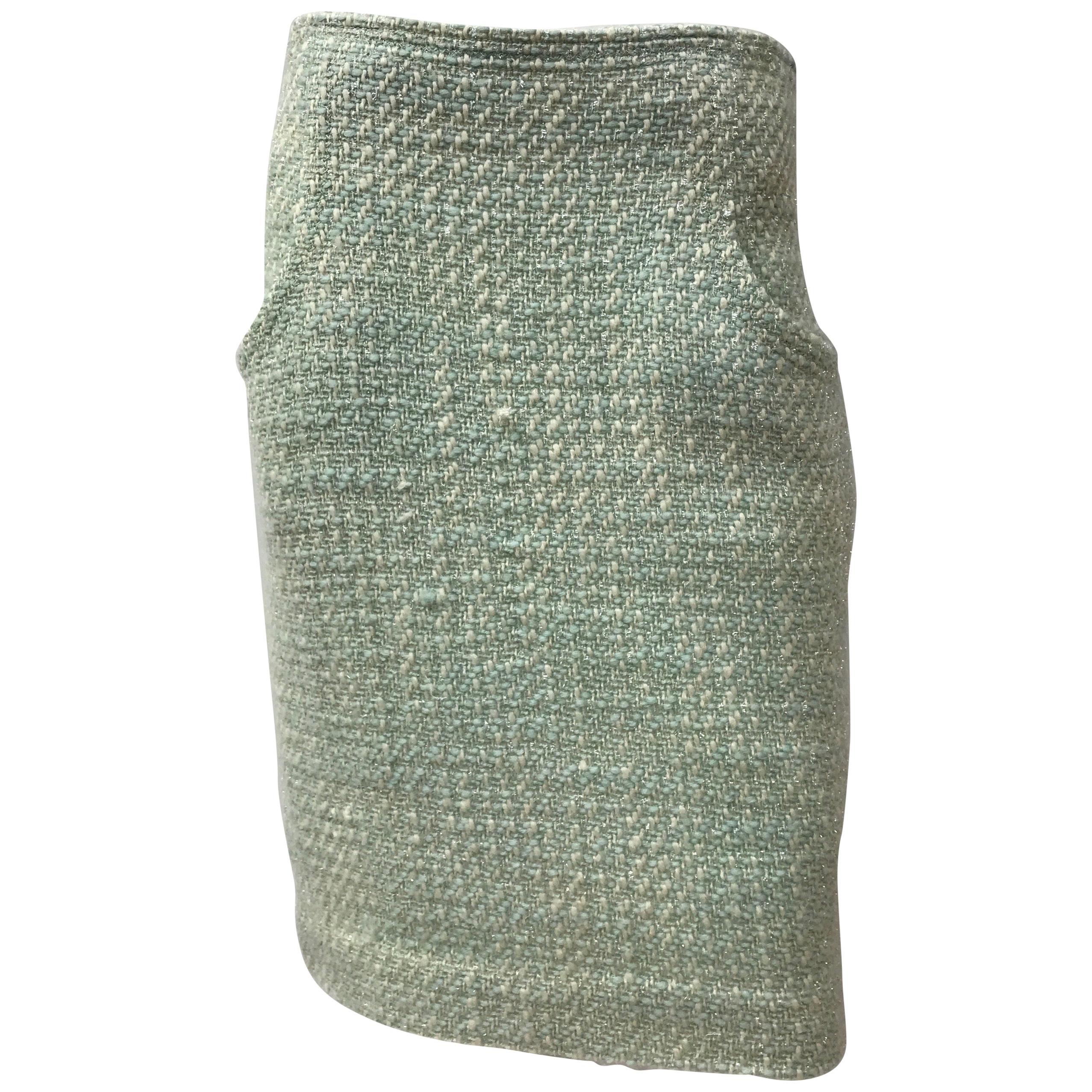 Chanel Gonna in tweed di lana e seta avorio e turchese pallido per la sfilata P/E 1992
