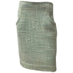 Chanel Boutique Ivory & Pale Turquoise Wool/Silk Woven Tweed Skirt-44