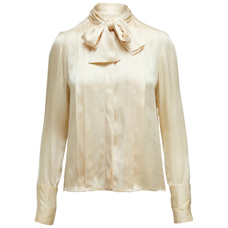 Chanel Boutique Ivory Vintage Pleated Silk Blouse For Sale at 1stdibs