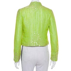 Veste courte ouverte sur le devant en velours ornée de sequins vert citron Chanel Boutique, Taille M