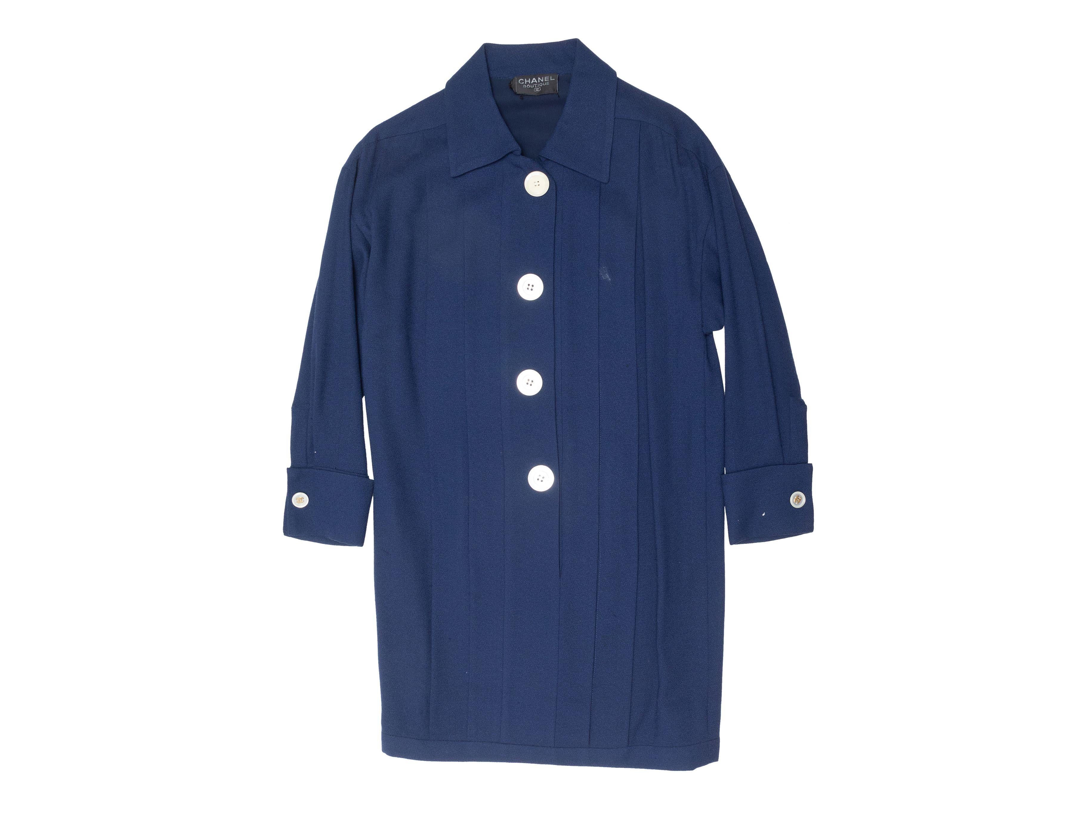 Chanel Boutique Navy Pleated Long Sleeve Dress In Good Condition In New York, NY