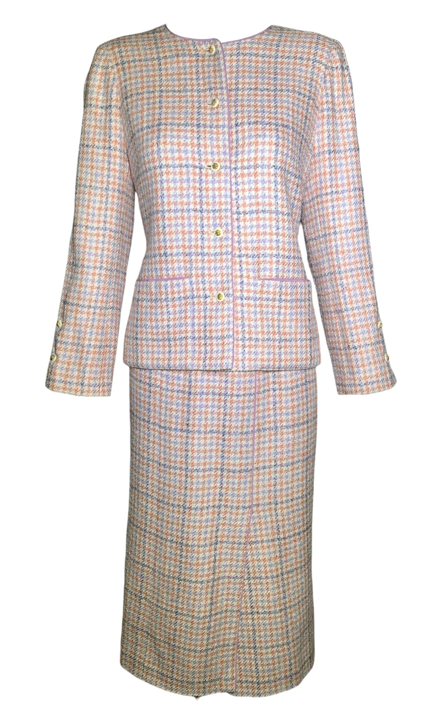 Chanel Boutique Pale Pink & Lavender Houndstooth Ensemble, 1990s For Sale