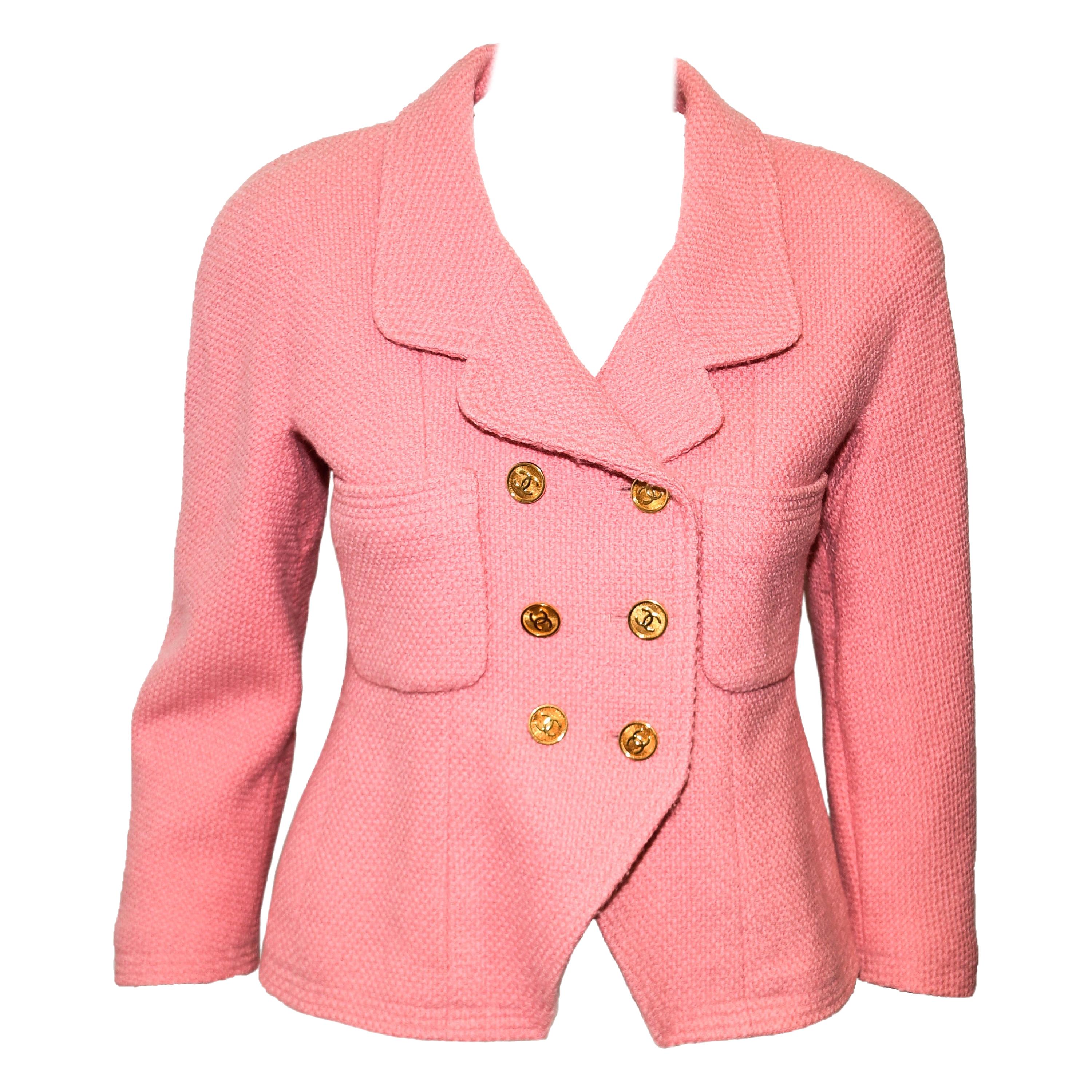 Chanel Boutique Pink Double Breasted Cropped Jacket With Gold Tone CC  Buttons