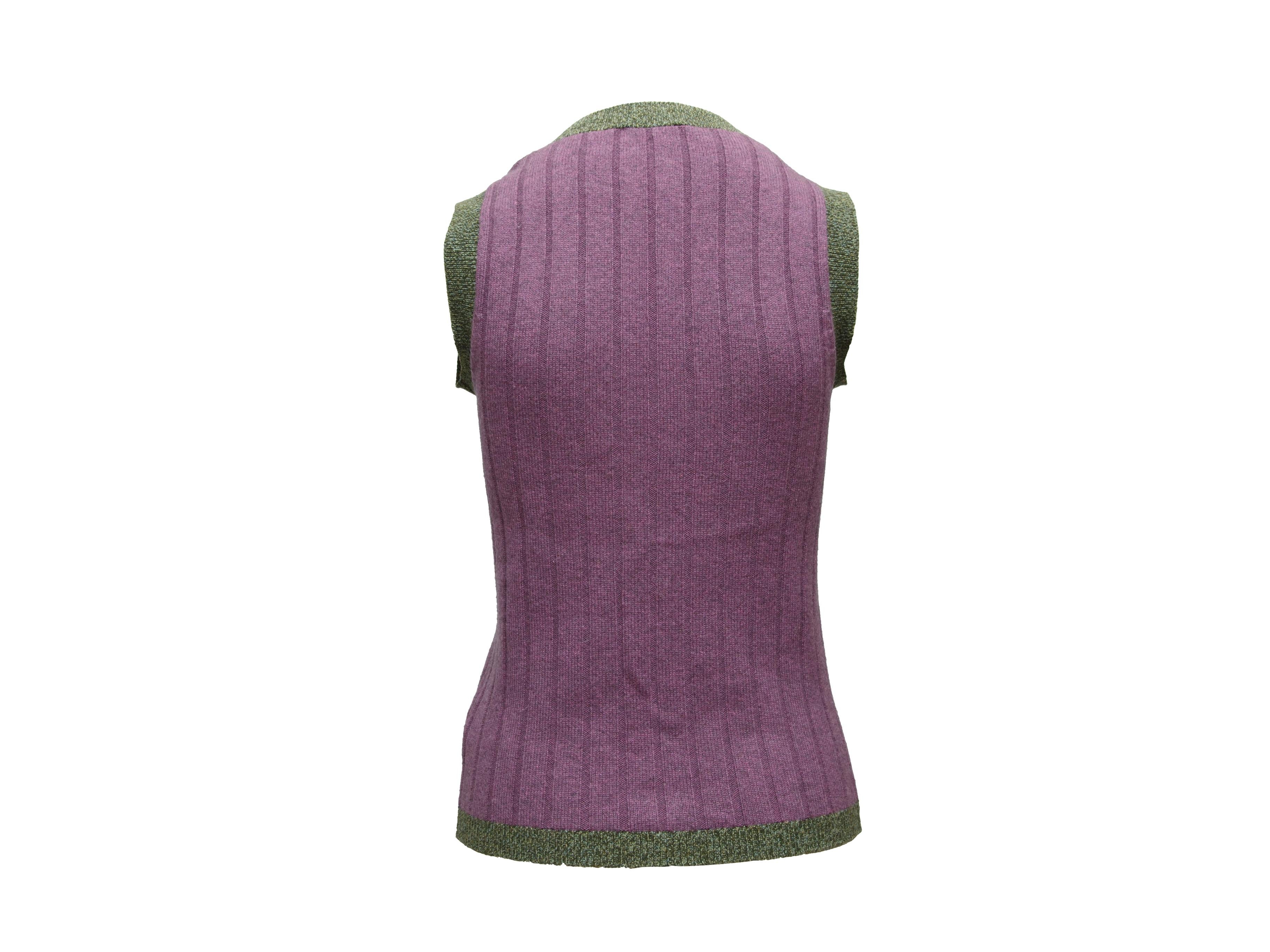 Product details: Vintage purple and green cashmere vest by Chanel Boutique. V-neck. Button closures at center front. 24