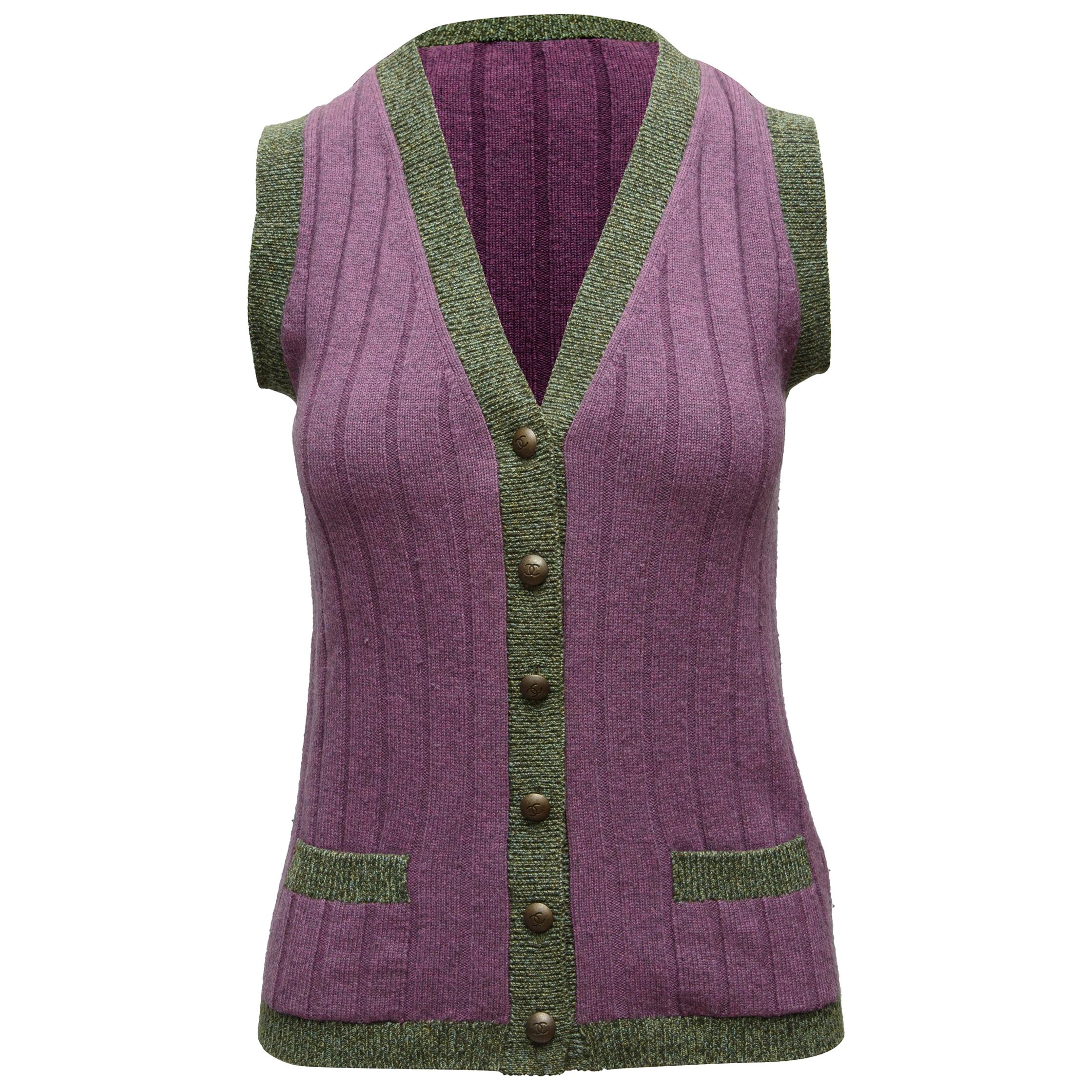 Chanel Boutique Purple & Green Cashmere Vest