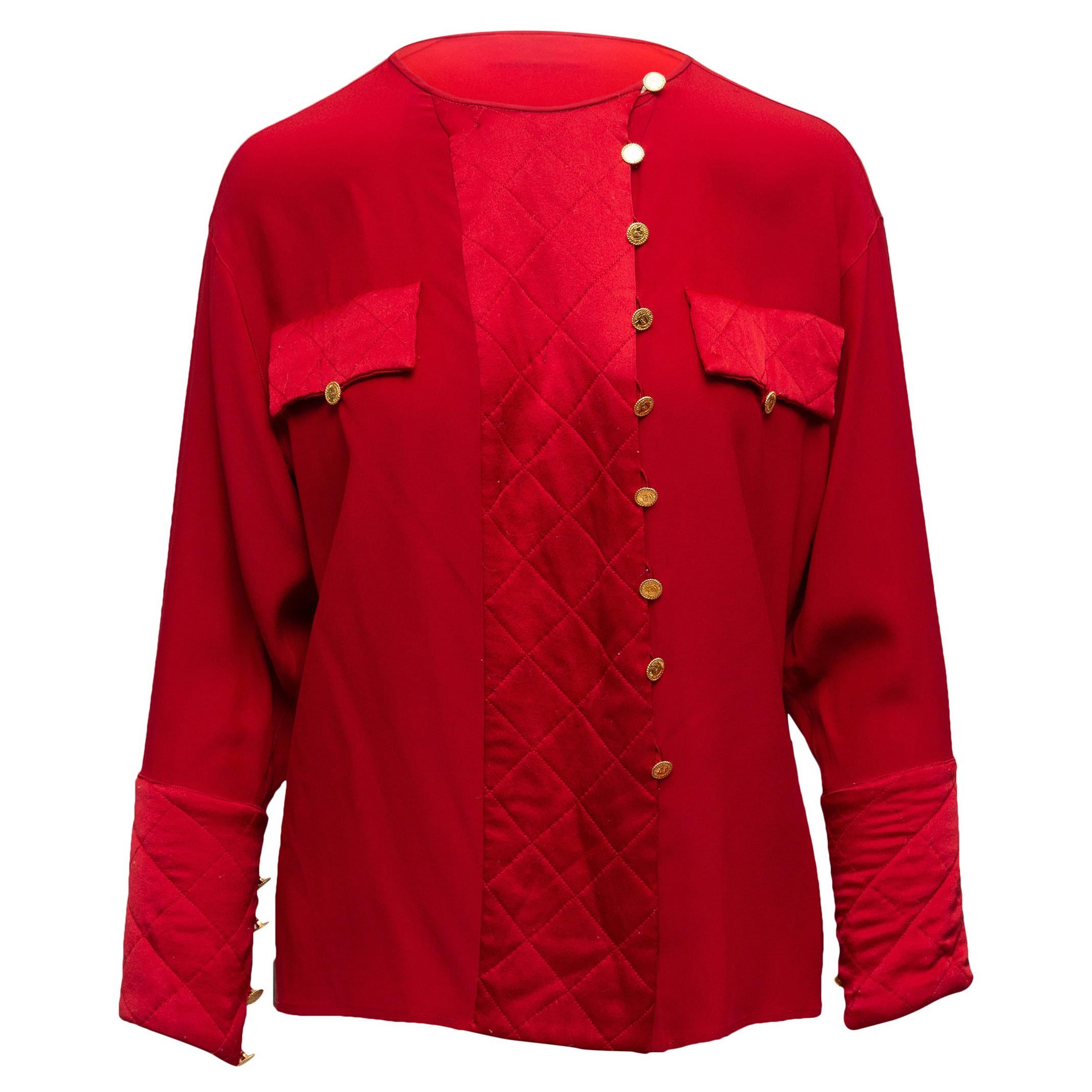 Chanel Boutique Red Silk Long Sleeve Blouse