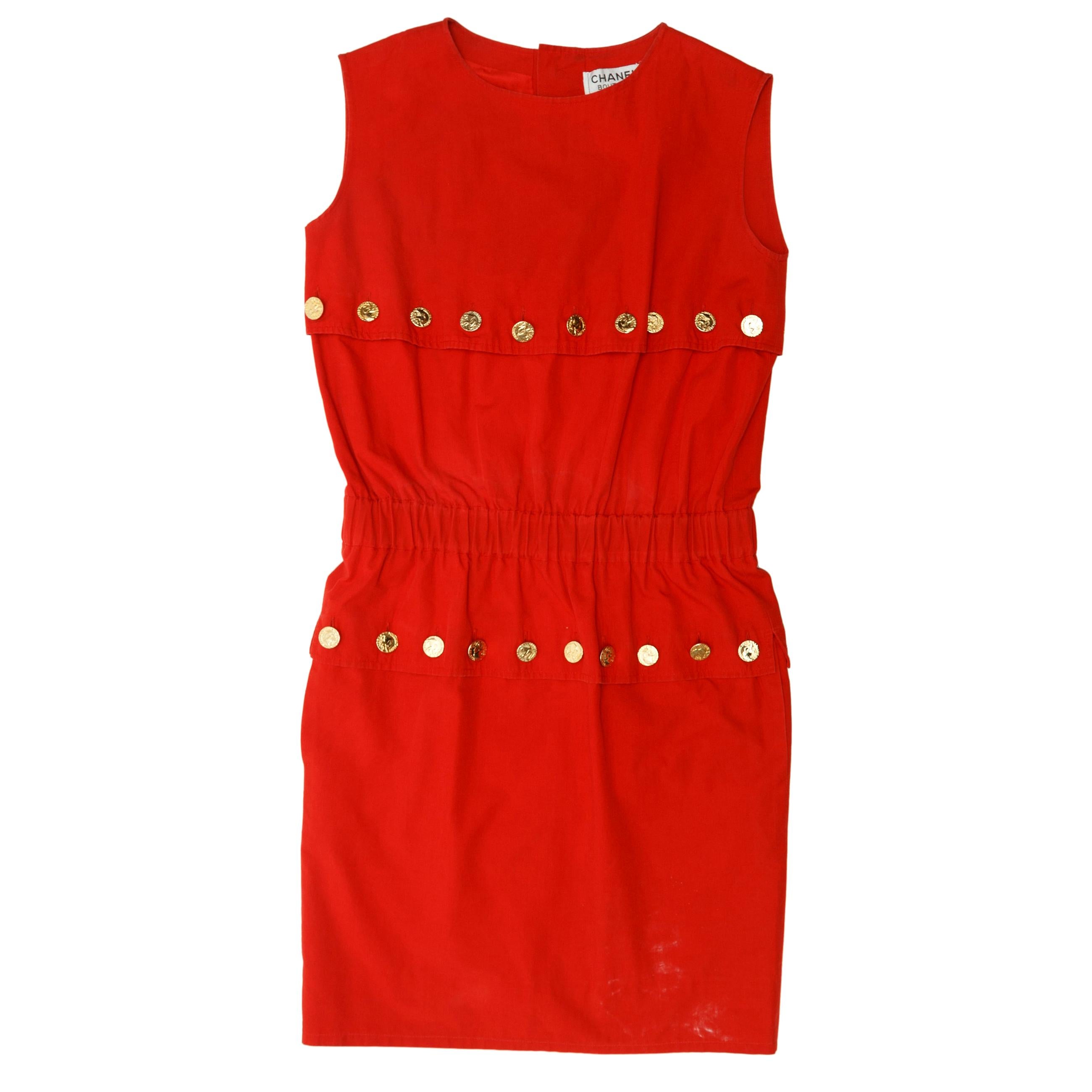 Chanel Boutique Red Sleeveless Button-Accented Dress