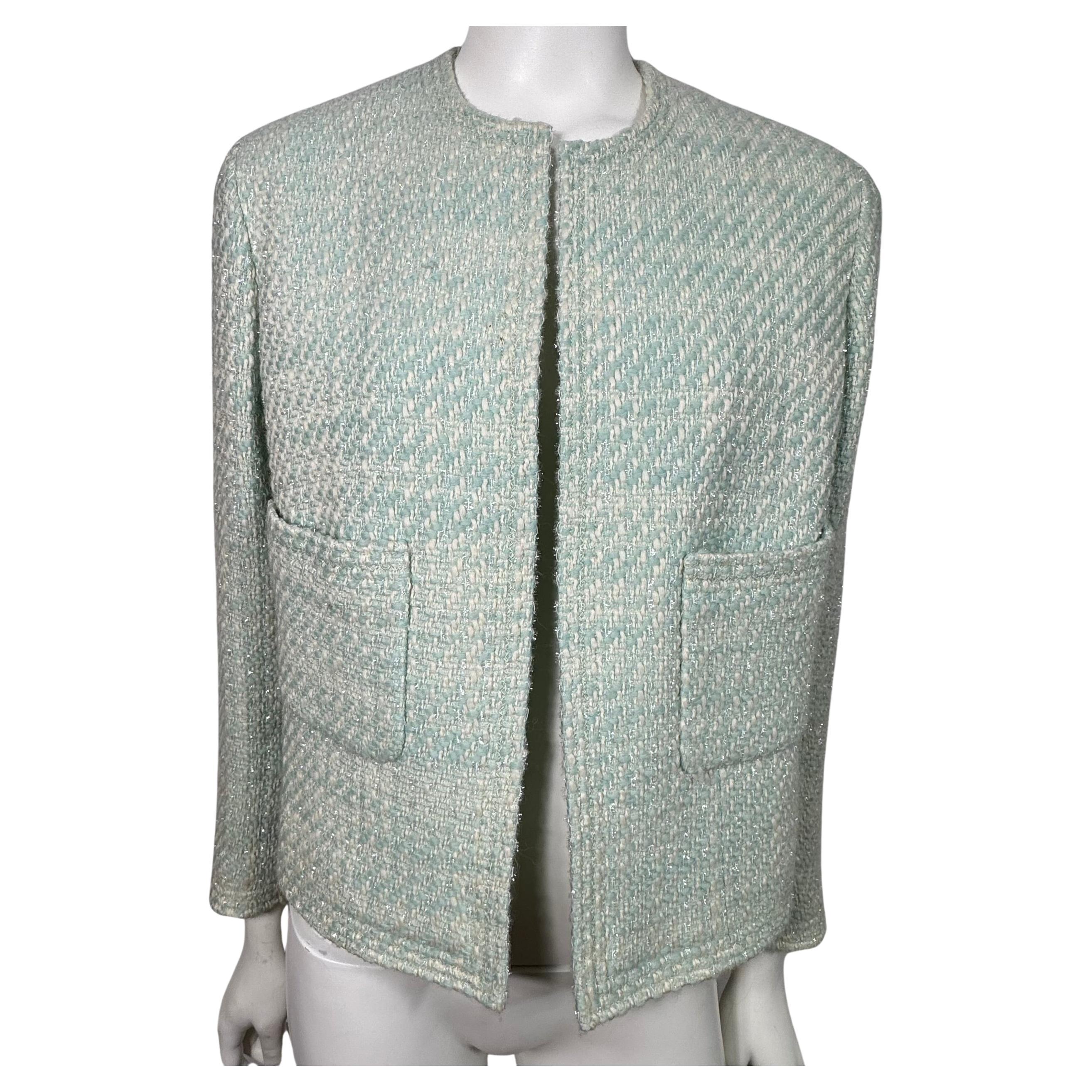 Chanel Boutique Runway Spring 1992 Ivory and Turq Tweed Jacket For Sale