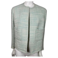 Used Chanel Boutique Runway Spring 1992 Ivory and Turq Tweed Jacket