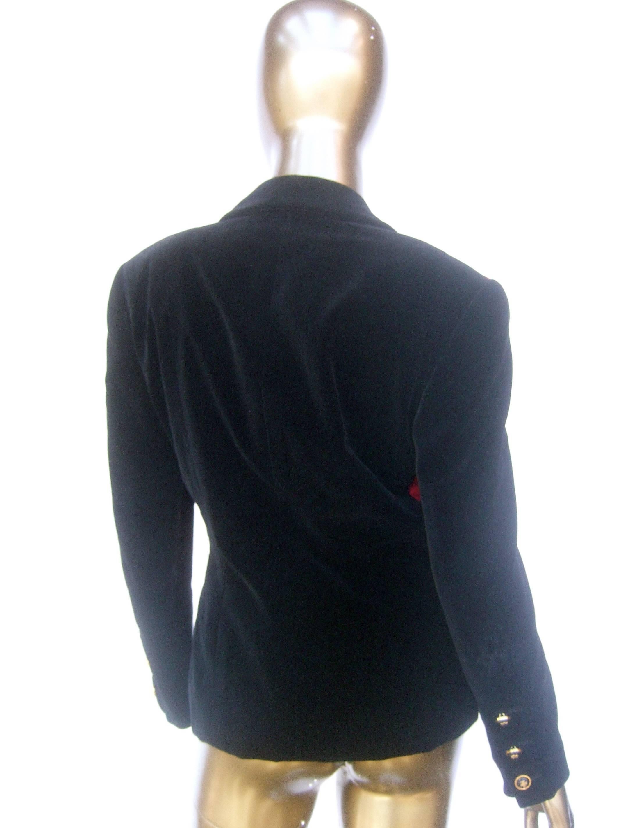 Chanel Boutique Scarlet Silk Black Velvet Evening Jacket, circa 1990s In Excellent Condition For Sale In University City, MO