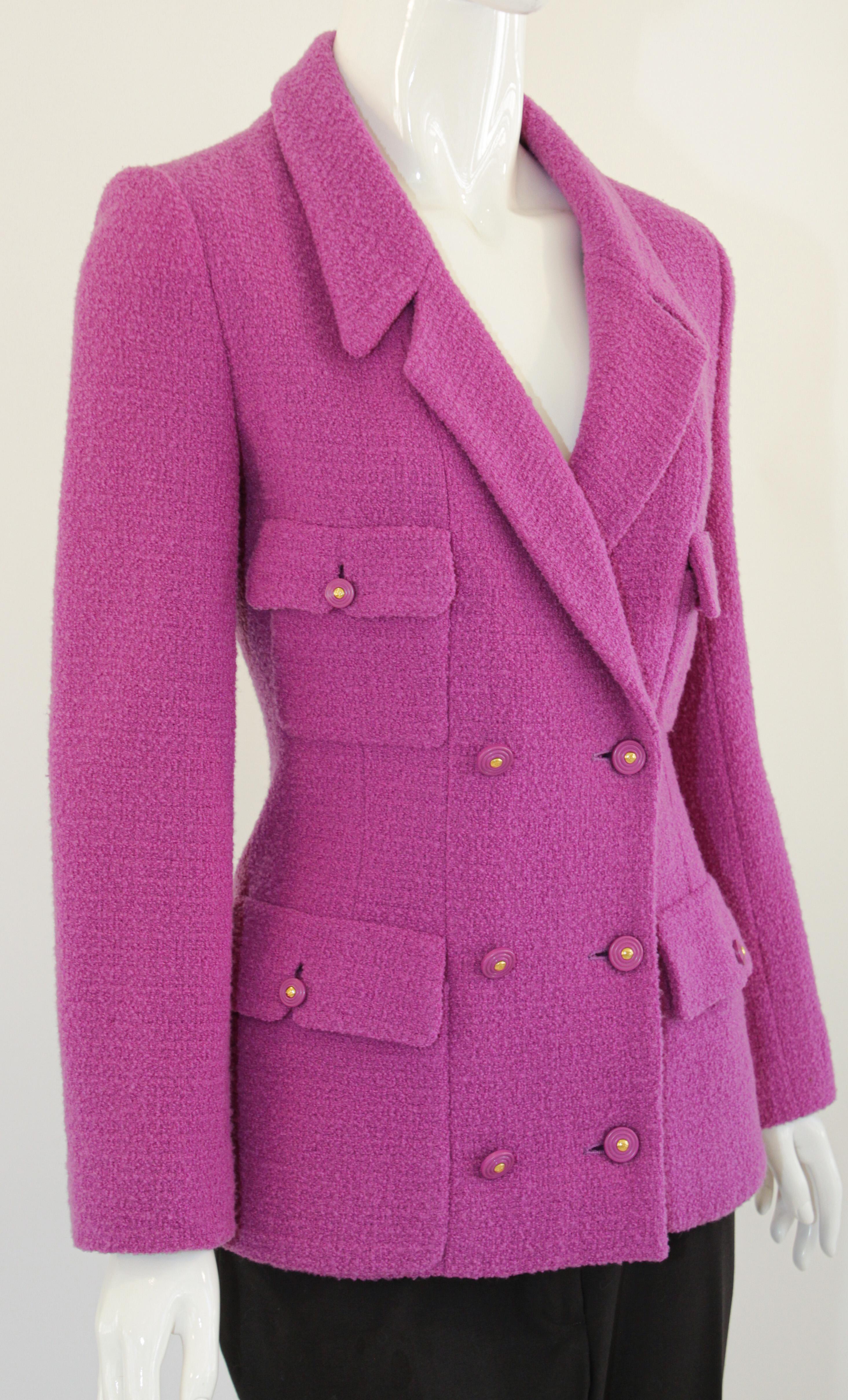 CHANEL Boutique Double Breasted Jacket Fuchsia Pink Small For Sale 13