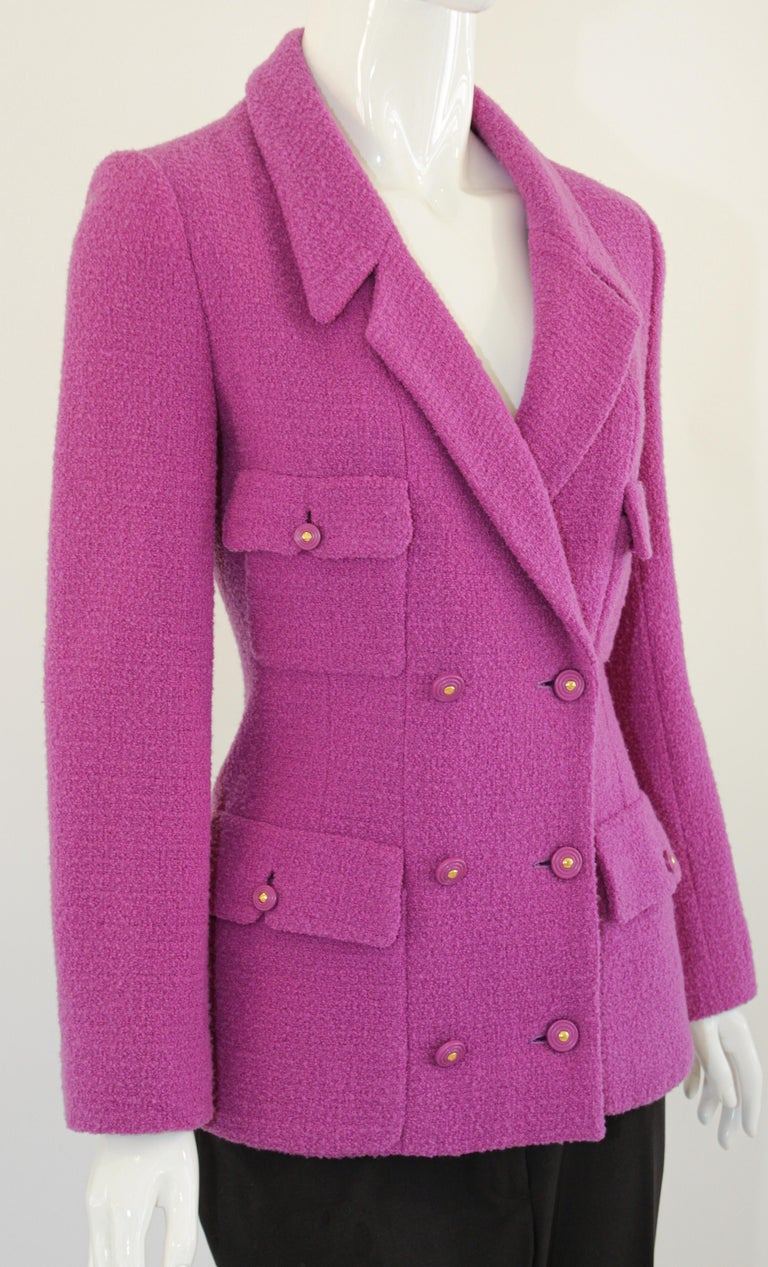 CHANEL Boutique Pink Double Breasted Jacket Fuchsia Pink Size: 36 For Sale 16
