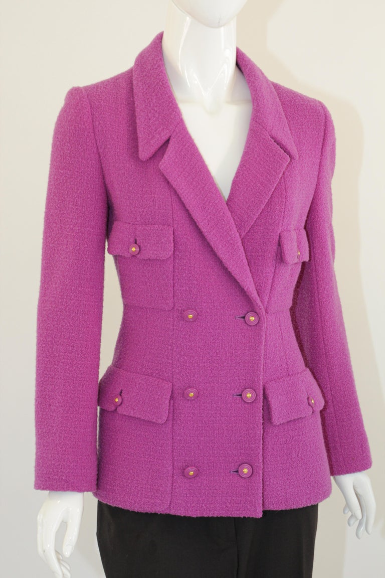 CHANEL Boutique Pink Double Breasted Jacket Fuchsia Pink Size: 36 For Sale 4