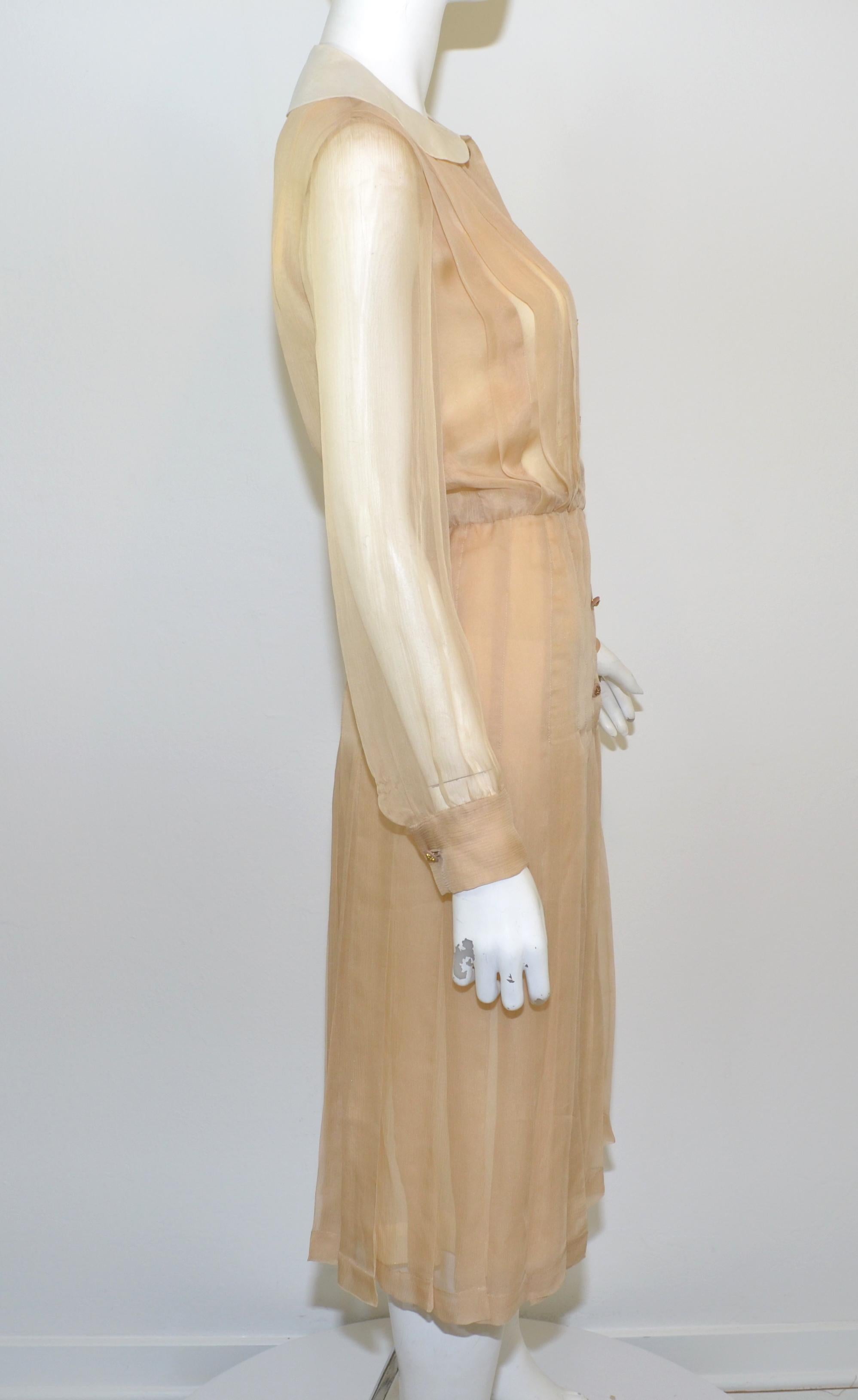 Beige Chanel Boutique Vintage Iconic Silk Chiffon Pleated Dress For Sale