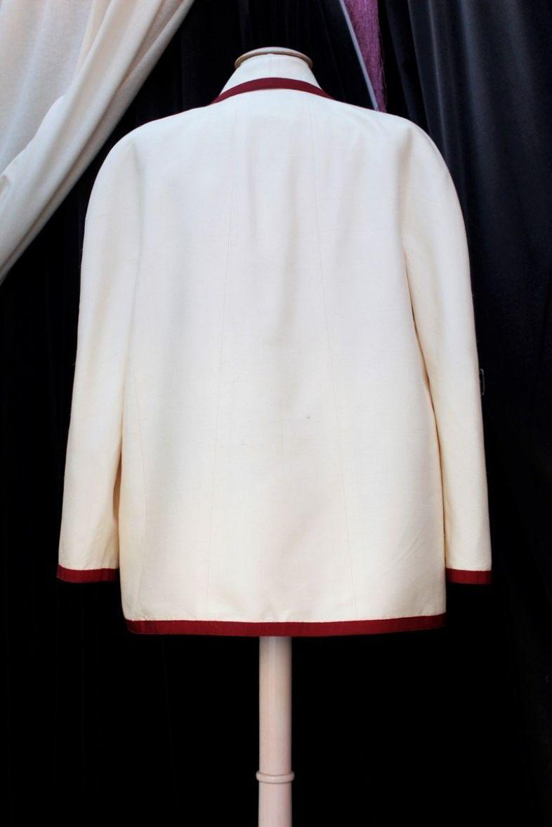 Red Chanel Boutique White Silk Jacket Trimmed with Burgundy Ribbon For Sale