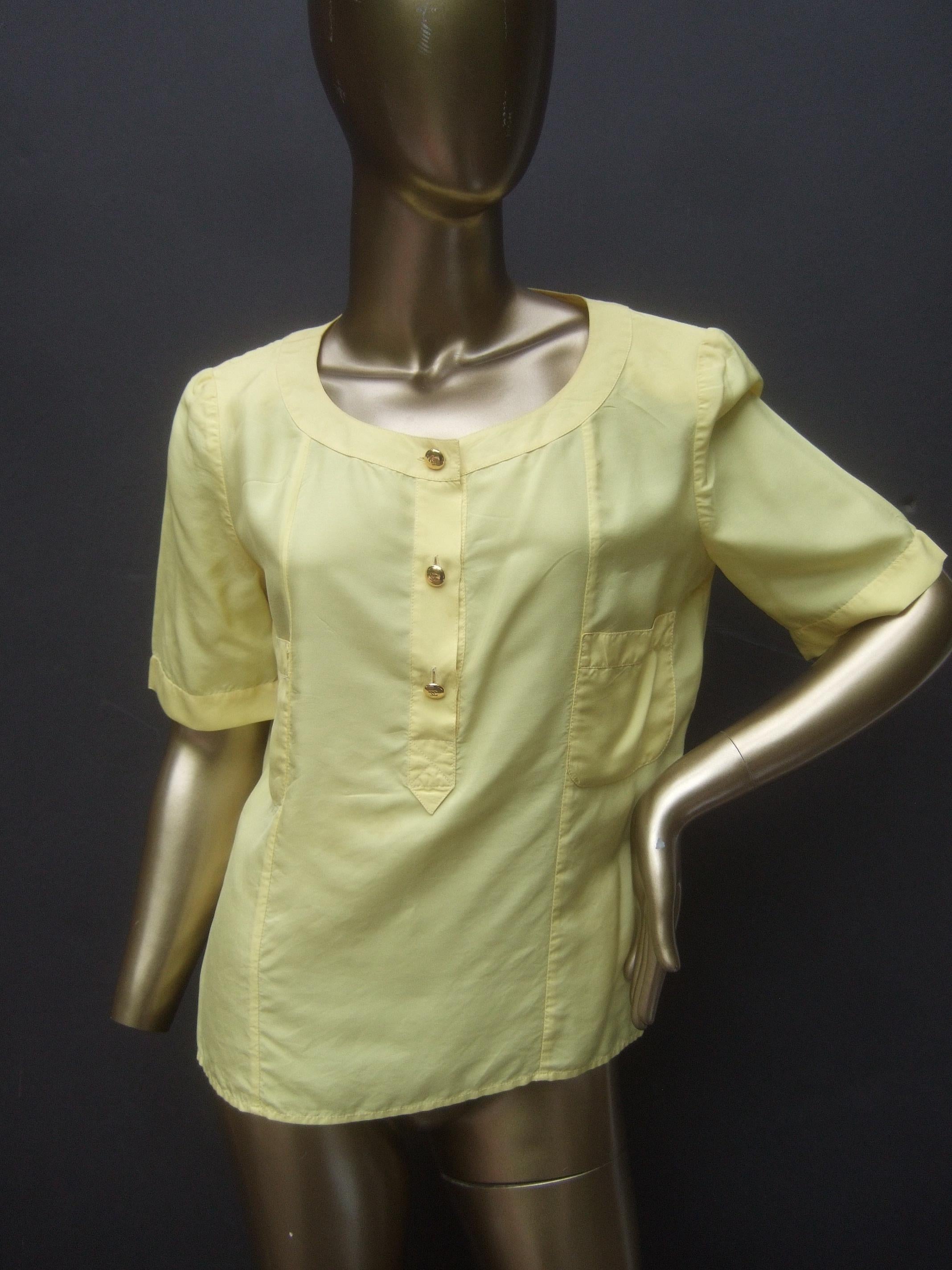 Women's Chanel Boutique Yellow Silk Blouse with Chanel Gilt Buttons c 1980s