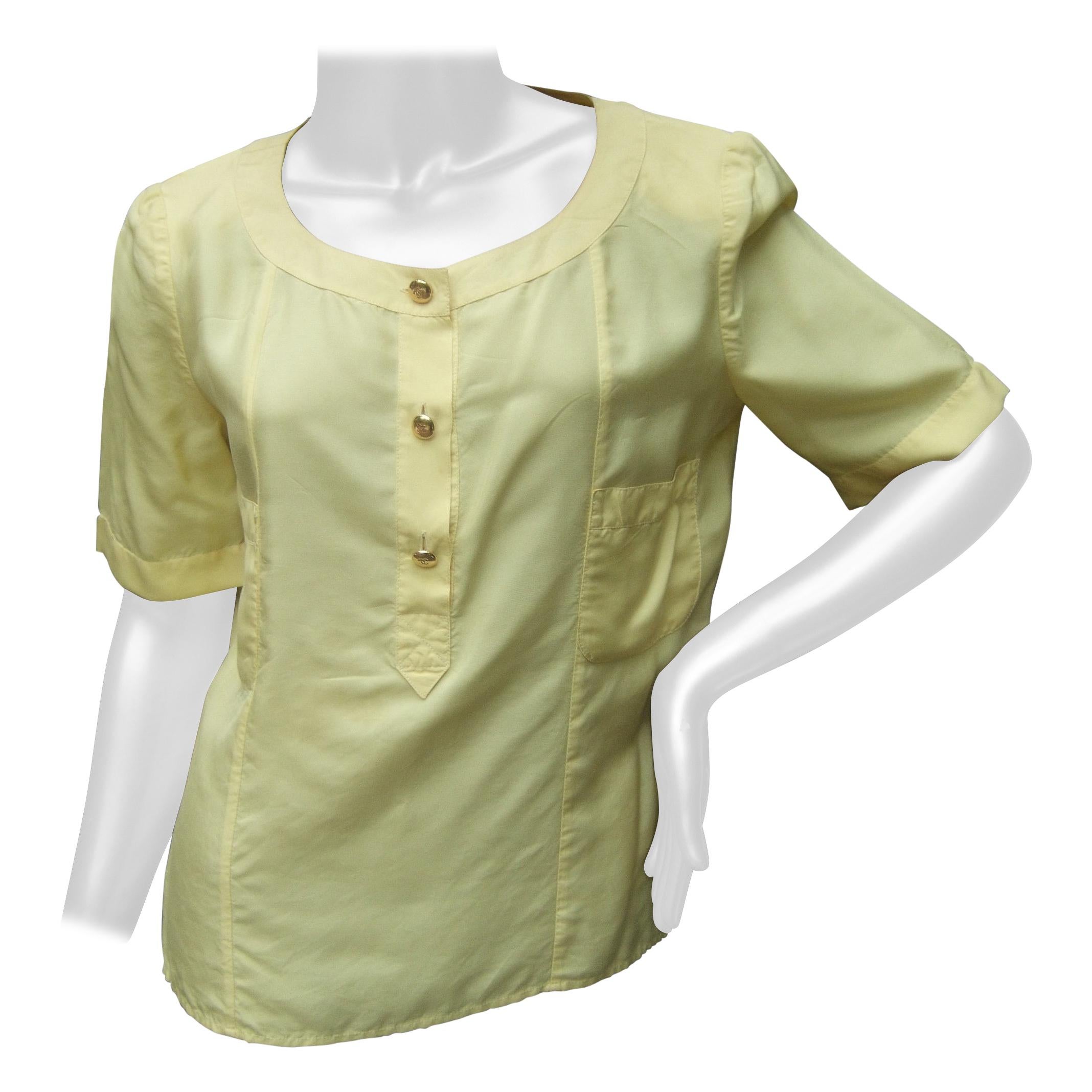 Chanel Boutique Yellow Silk Blouse with Chanel Gilt Buttons c 1980s