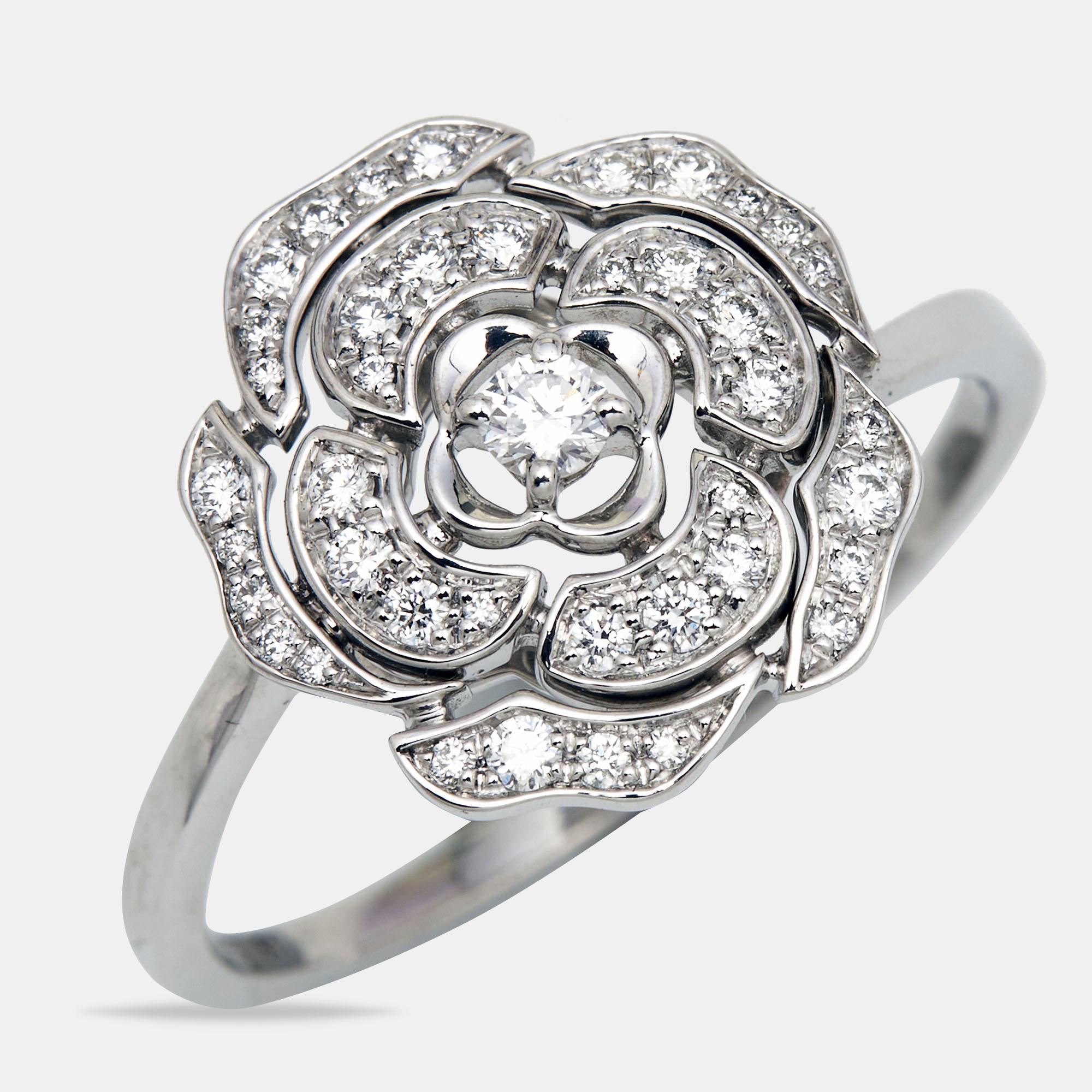 Chanel Bouton de Camélia Diamond Flower 18K White Gold Ring Size 59 1
