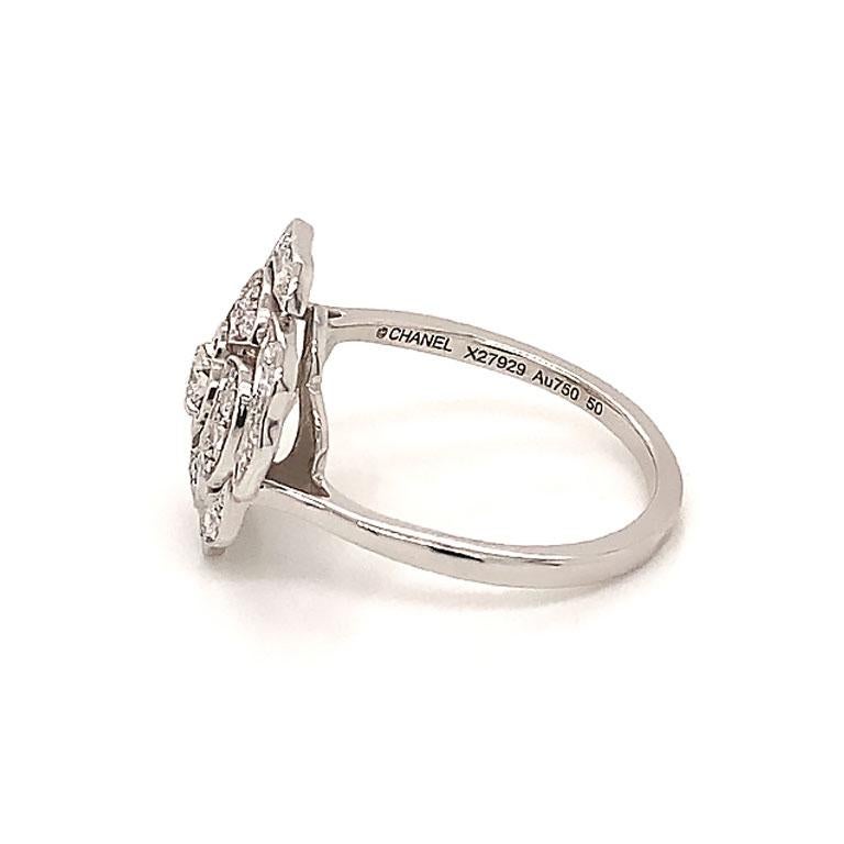 Round Cut Chanel Bouton de Camélia Diamond Flower ring 18K White Gold