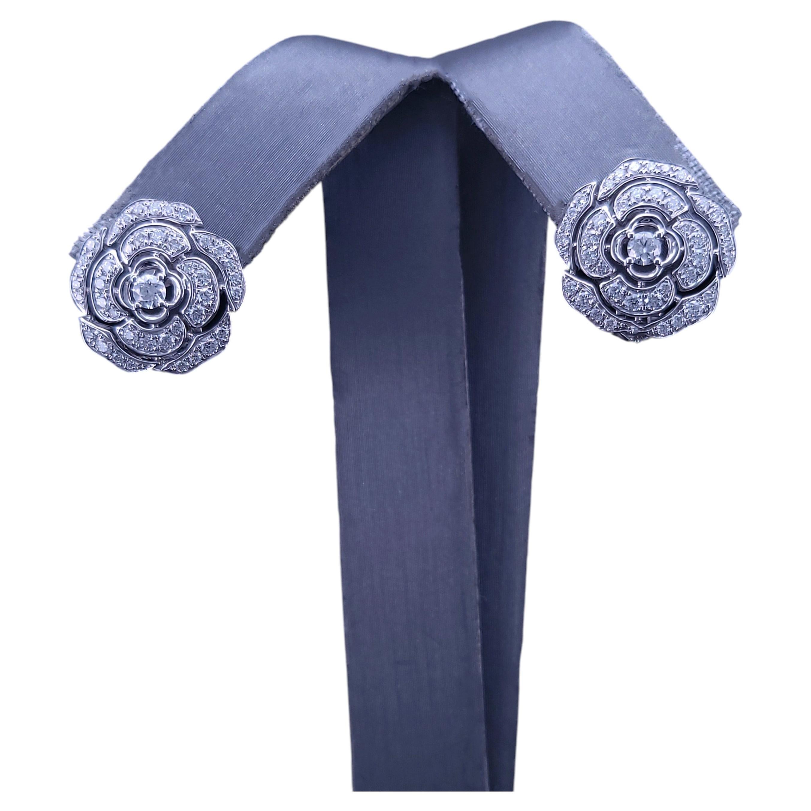 CHANEL BOUTON DE CAMELIA EARRINGS 18K White Gold, with Diamonds For Sale