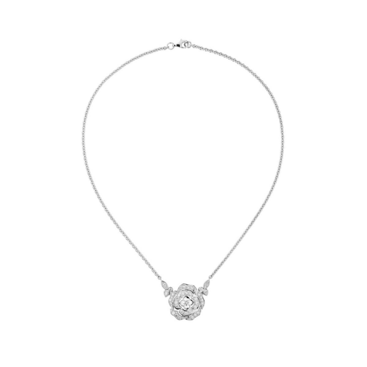 Chanel Camelia Sculpte Pendant Necklace 18k White Gold Diamond Onyx Estate