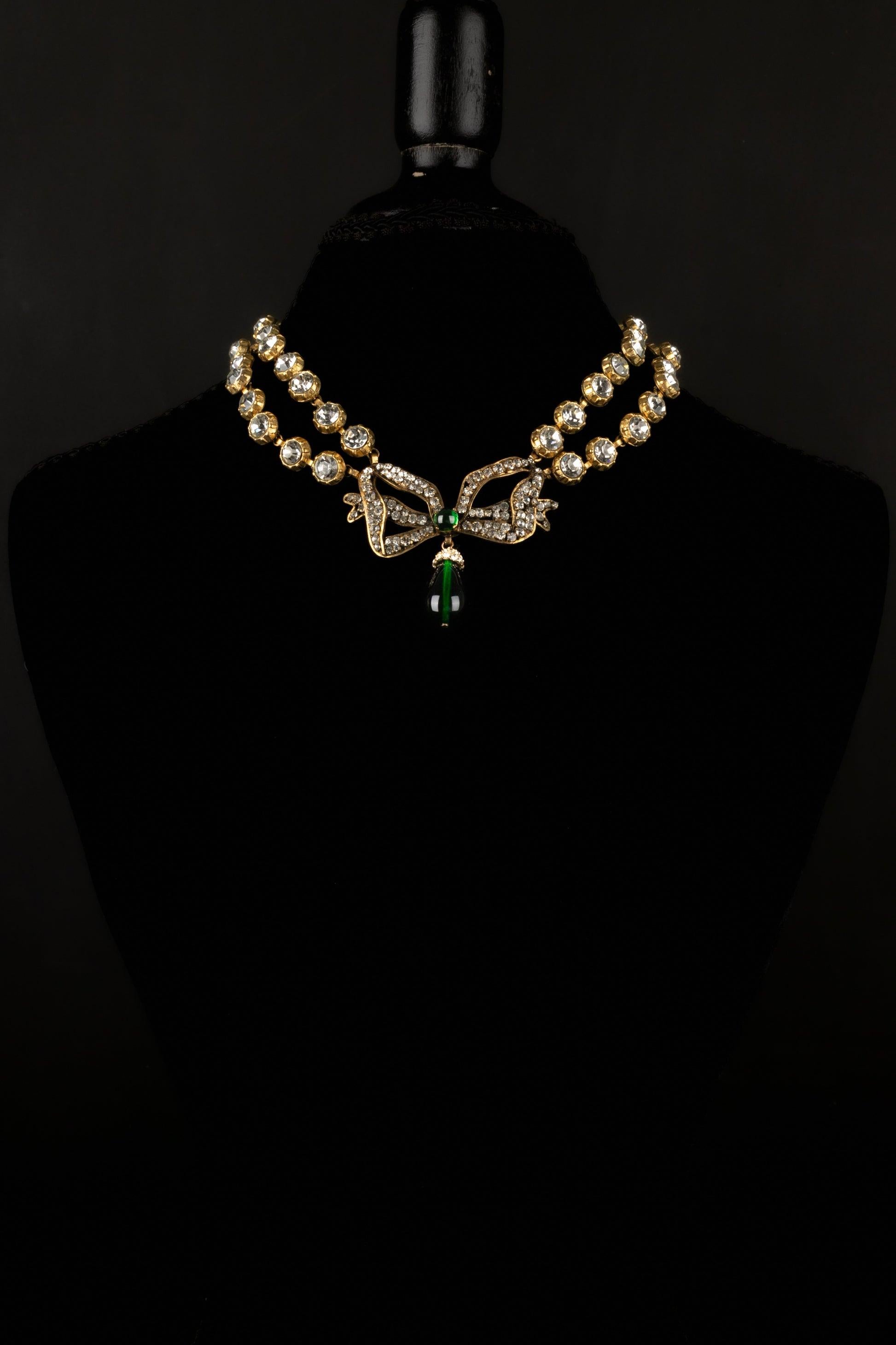 Women's Chanel Bow Golden Metal Necklace with Rhinestones and Green Glass Paste For Sale