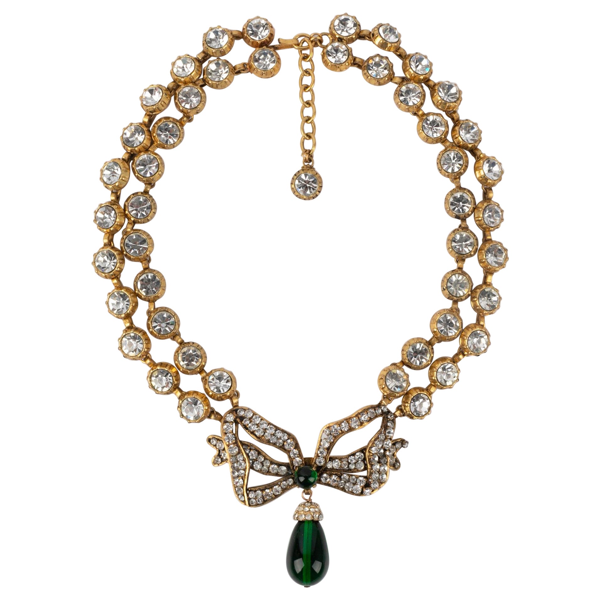 Chanel Bow Golden Metal Necklace with Rhinestones and Green Glass Paste