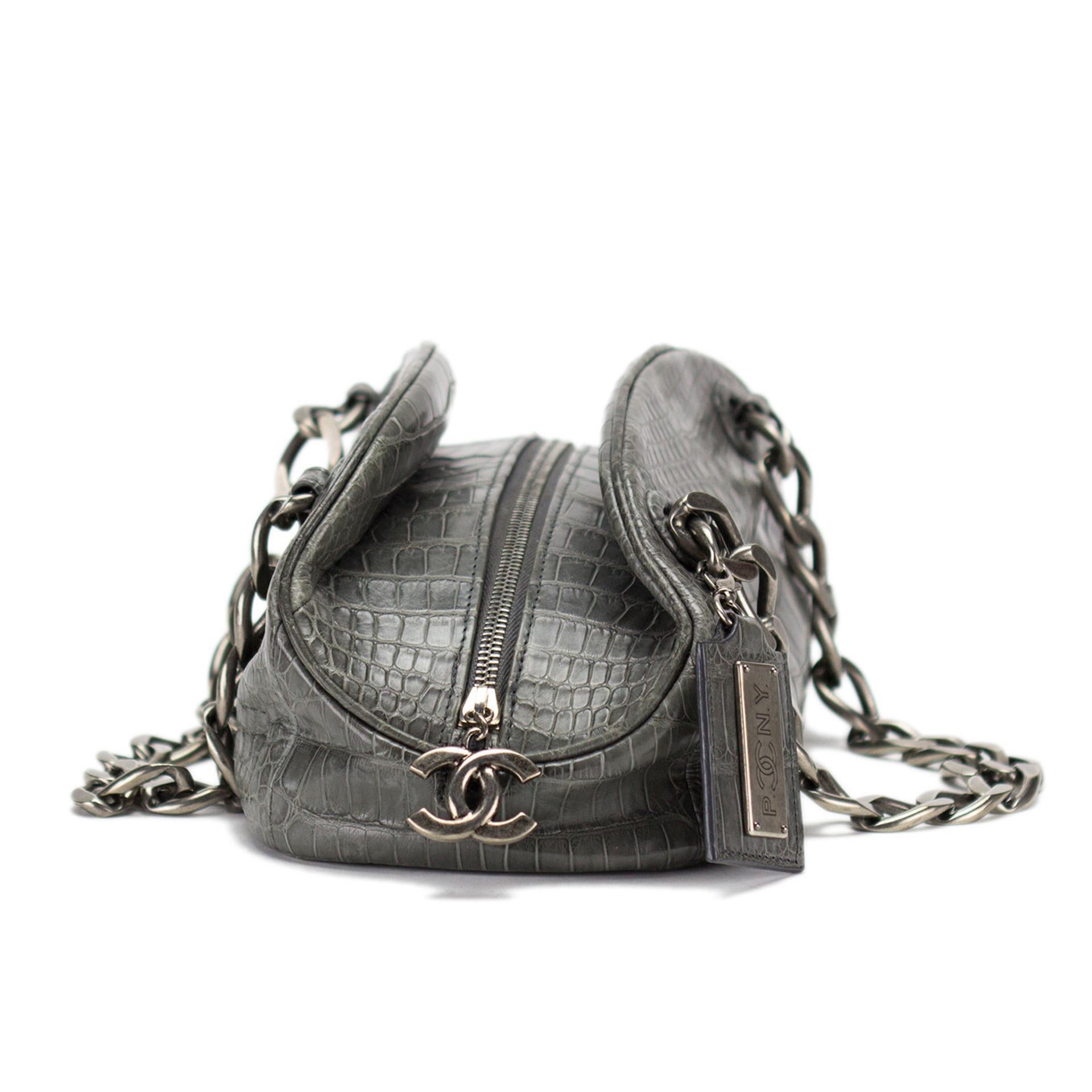 Chanel Bowling Bag Exotic Bowler Paris NY Grey Crocodile Skin Leather Satchel For Sale 3