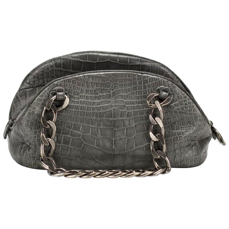 Chanel Bowling Bag Exotic Bowler Paris NY Grey Crocodile Skin Leather