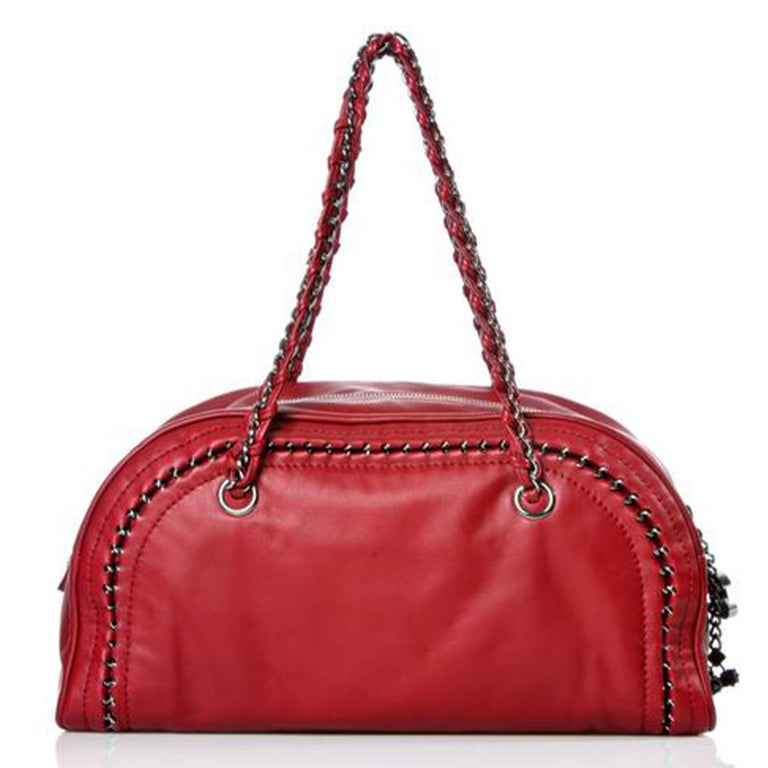 Chanel Bowling Bag Luxury Ligne Leather Red Lambskin Satchel For