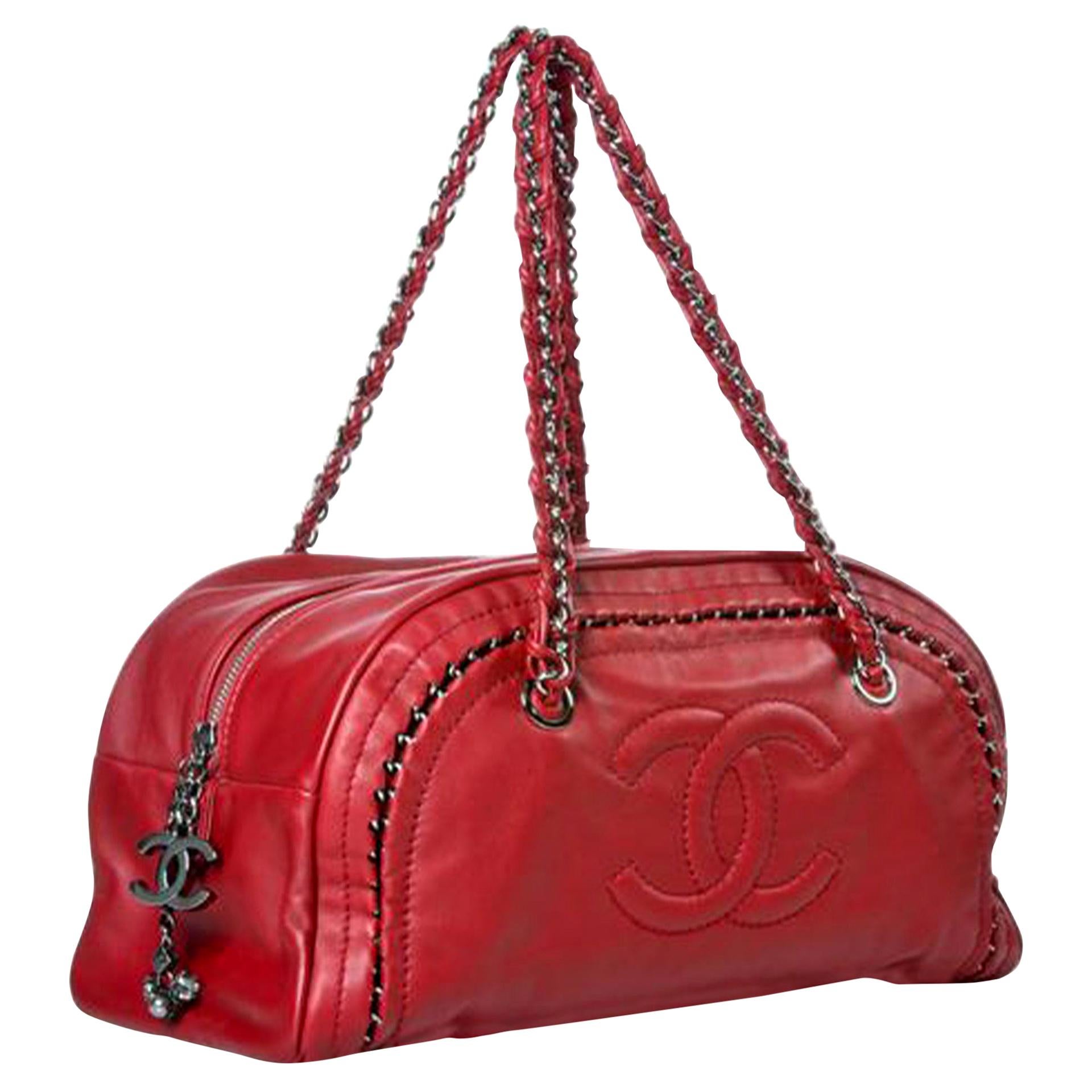 Chanel Bowling Bag Luxury Ligne Leather Red Lambskin Satchel