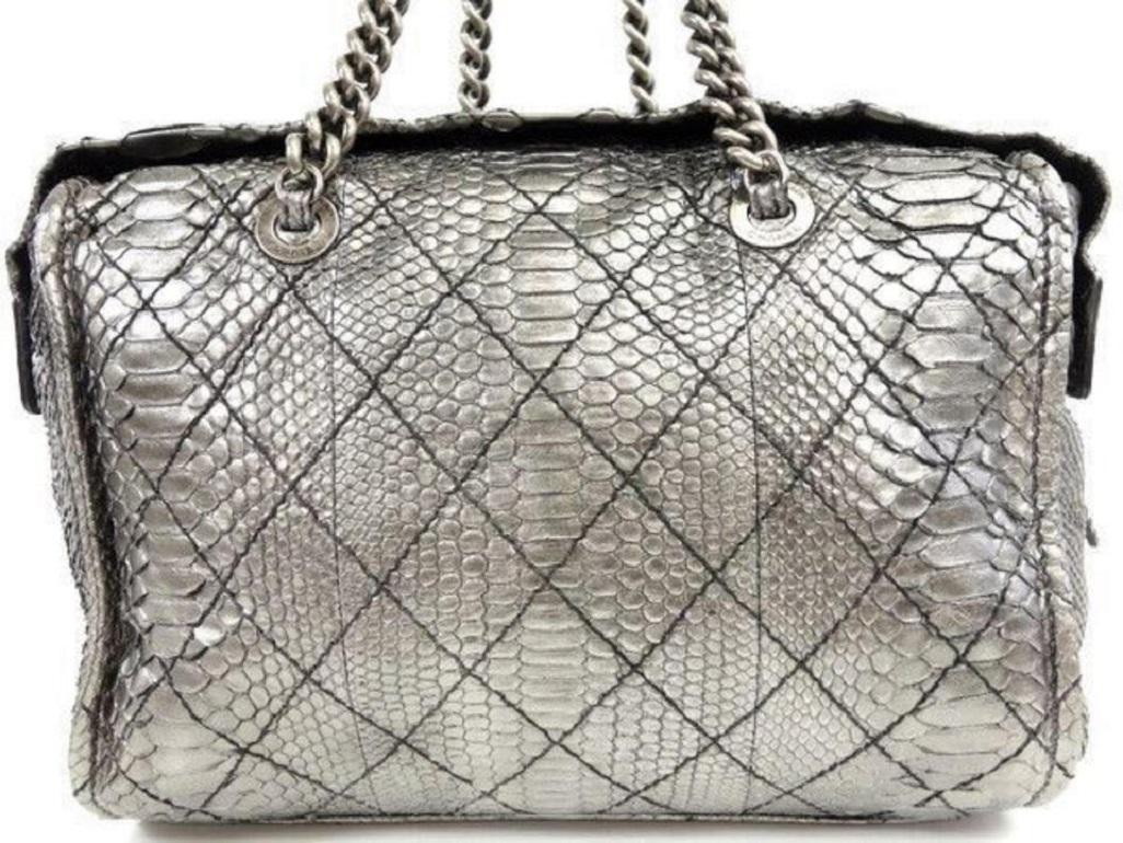 Women's Chanel Bowling Bag (Ultra Rare) Metallic Chain Bowler 234207 Silver Python For Sale