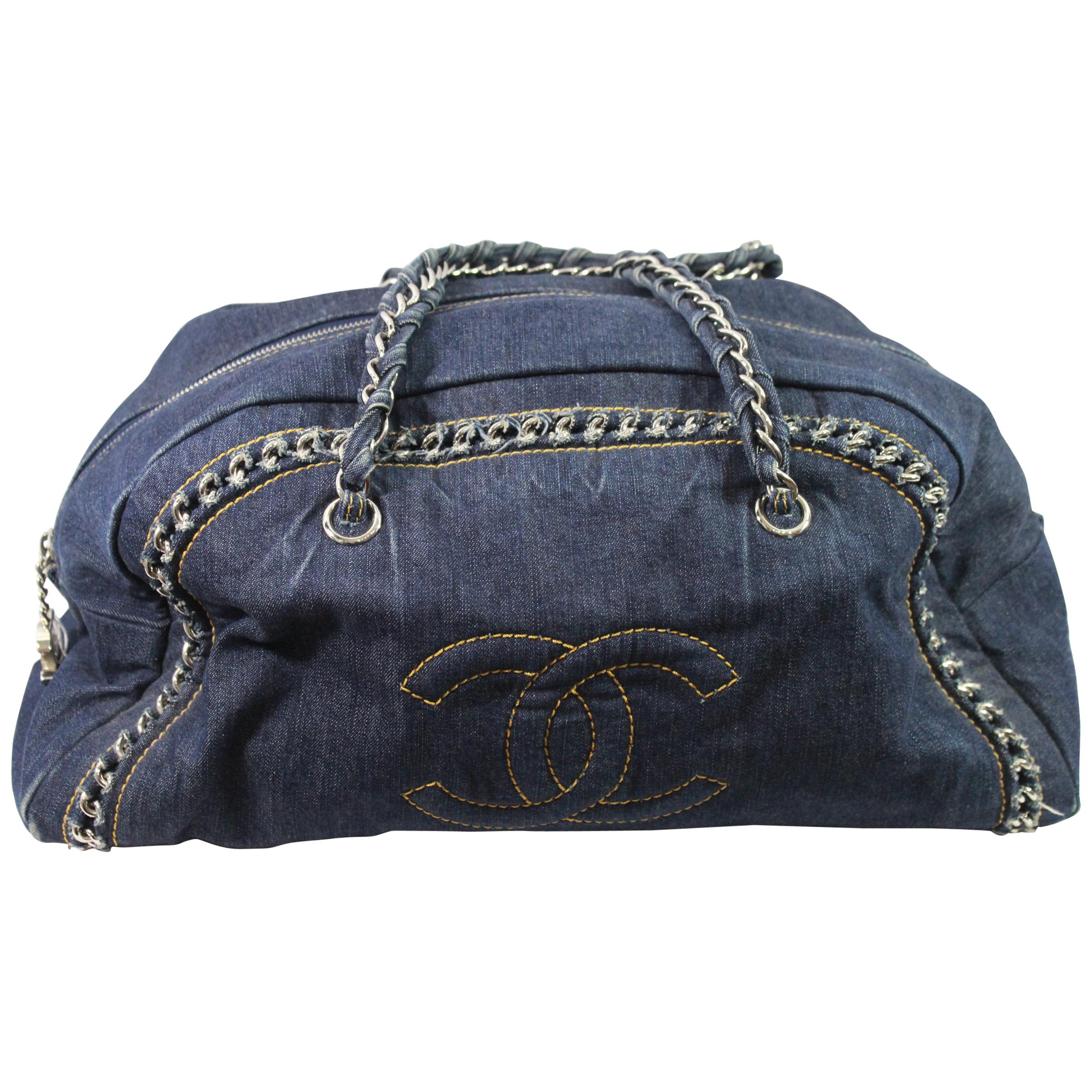 Chanel Bowling Jean Denim Bag with Chains