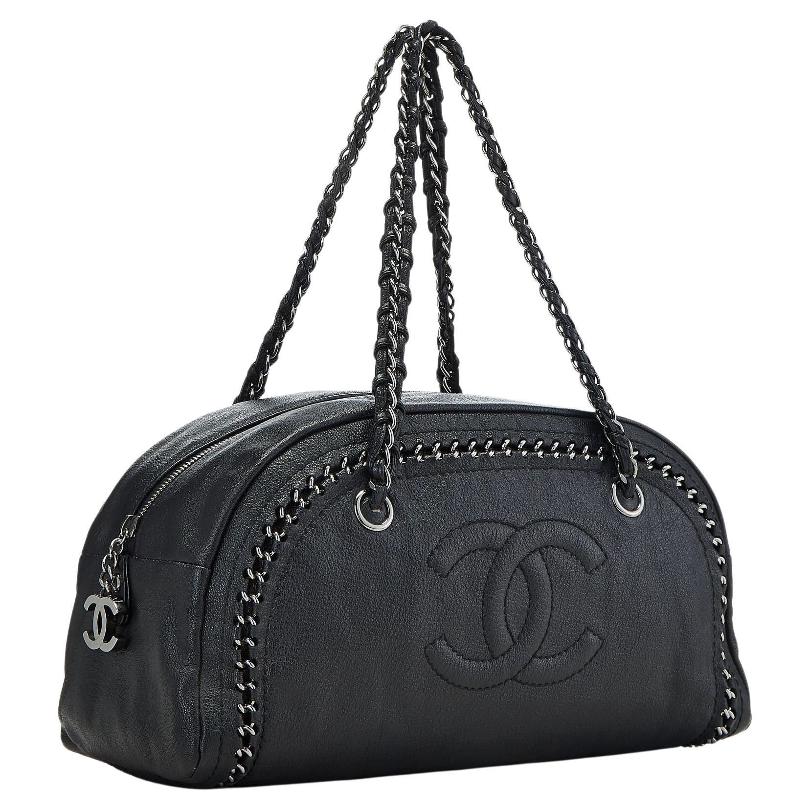 Chanel Bowling Luxury Ligne Medium Black Lambskin Leather Tote