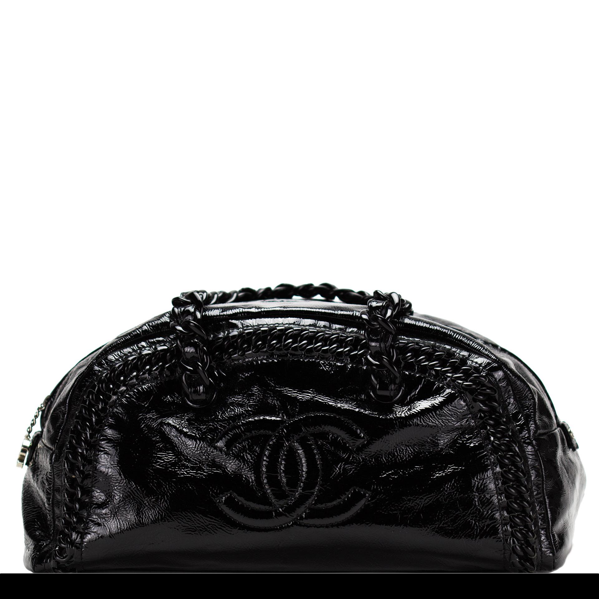 Black Chanel 2008 Bowling XL Satchel Resin Handle Duffel Tote Patent Leather Weekend For Sale