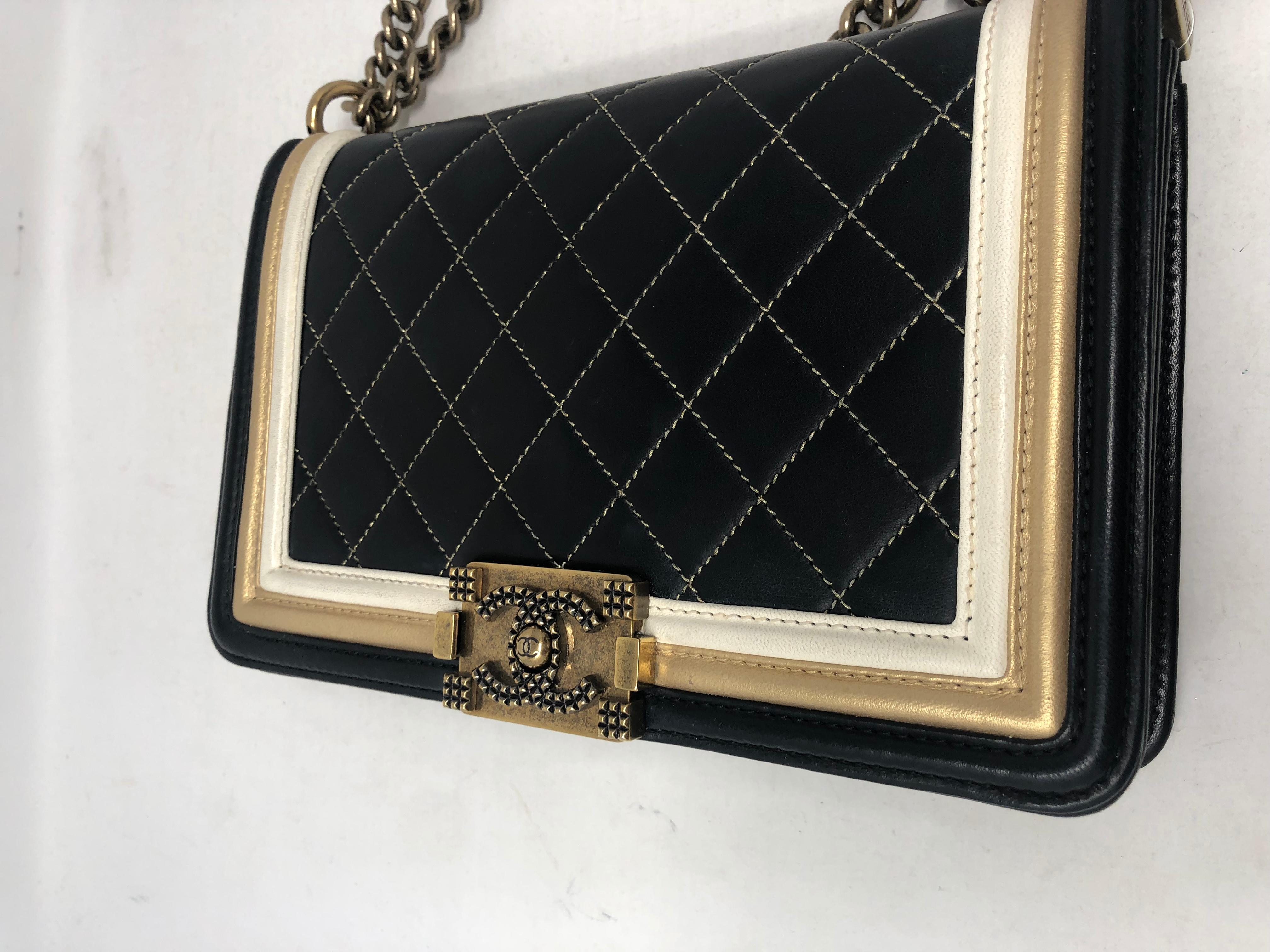 Chanel Boy Bag Black, Cream, Gold Trim  1