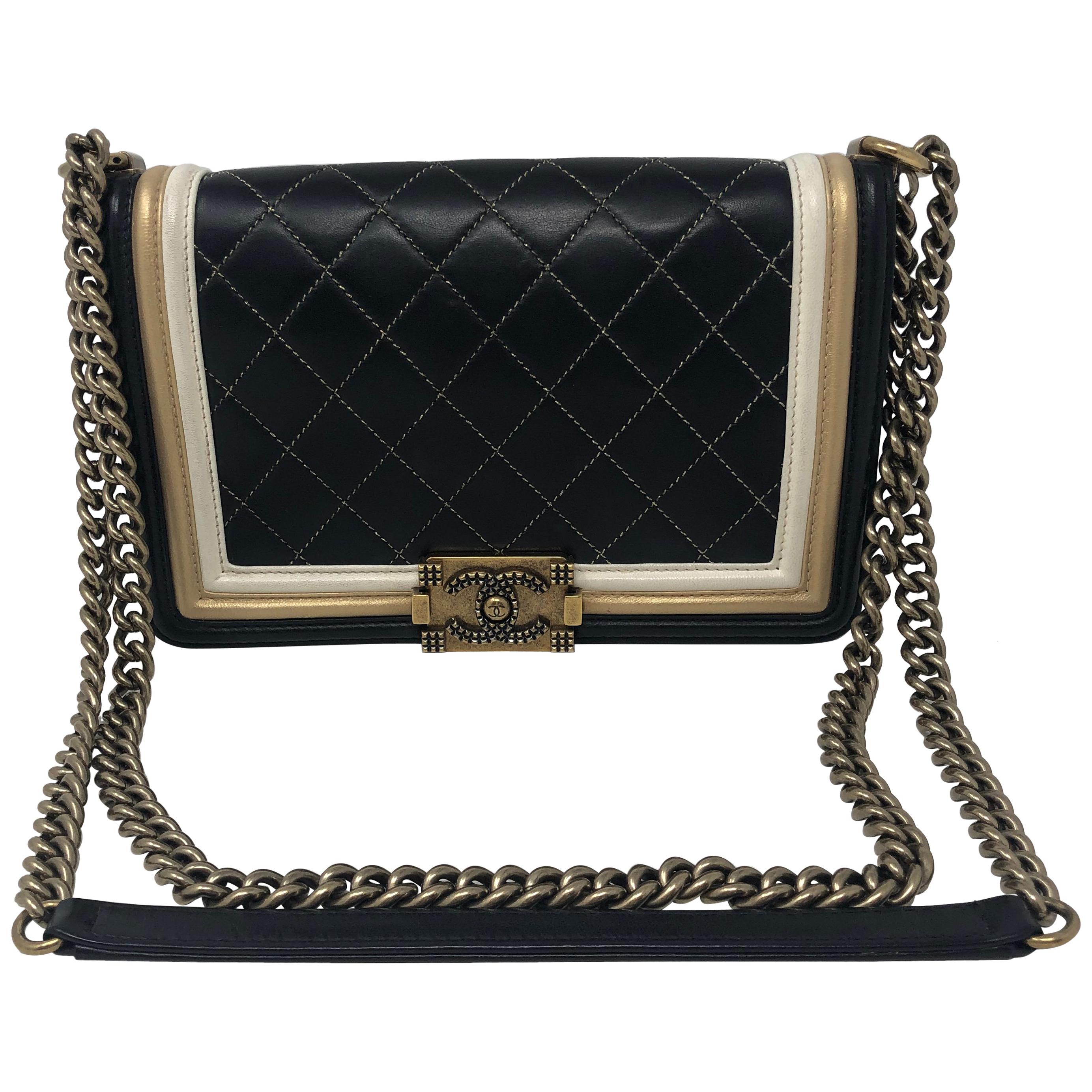 Chanel Boy Bag Black, Cream, Gold Trim