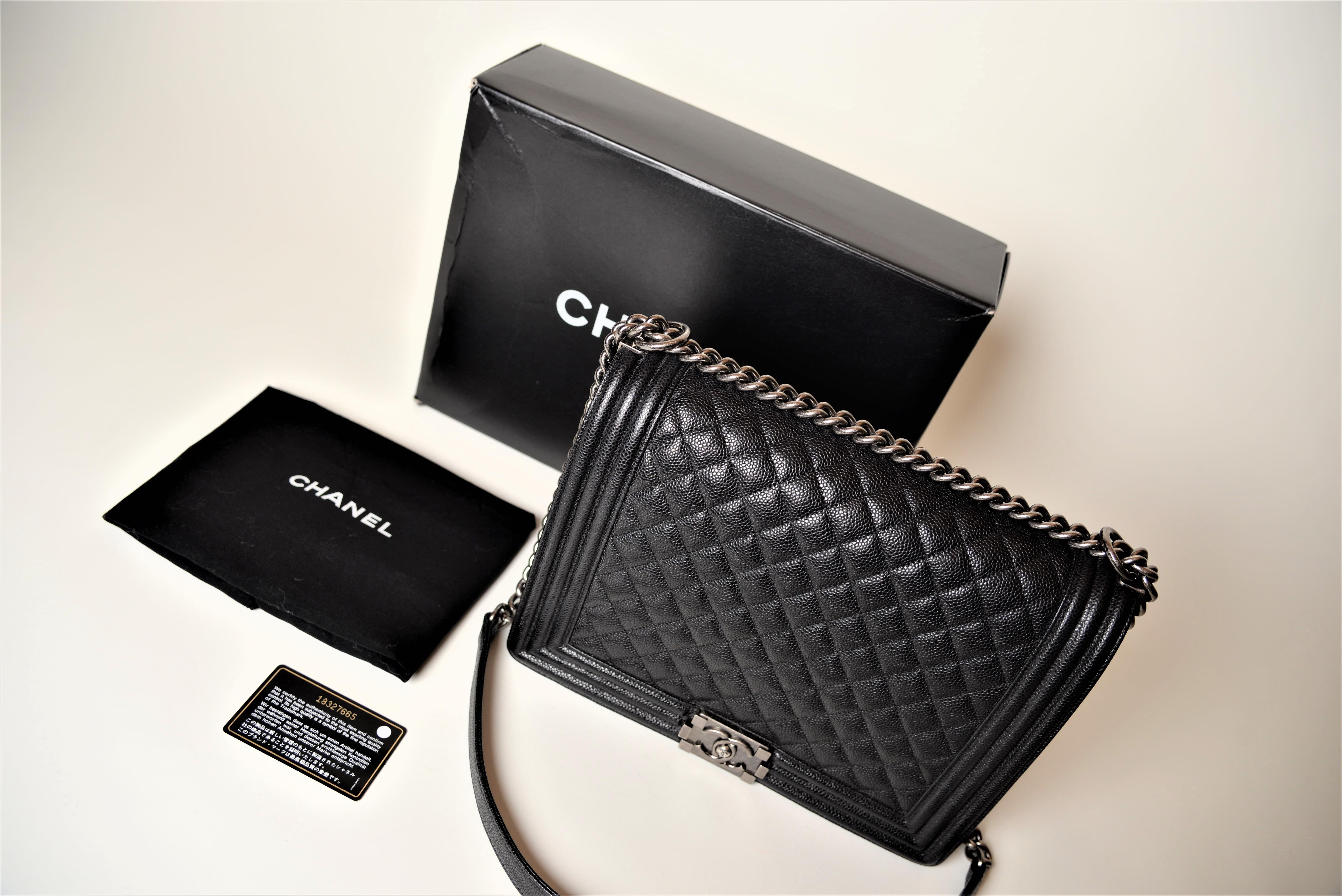 Chanel Boy Bag Black Large Quilted Caviar Leather For Sale at 1stDibs ...