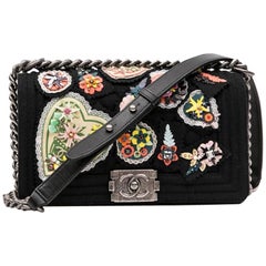 Chanel "Boy" Bag in Black Boiled Wool with Embroidered Patches
