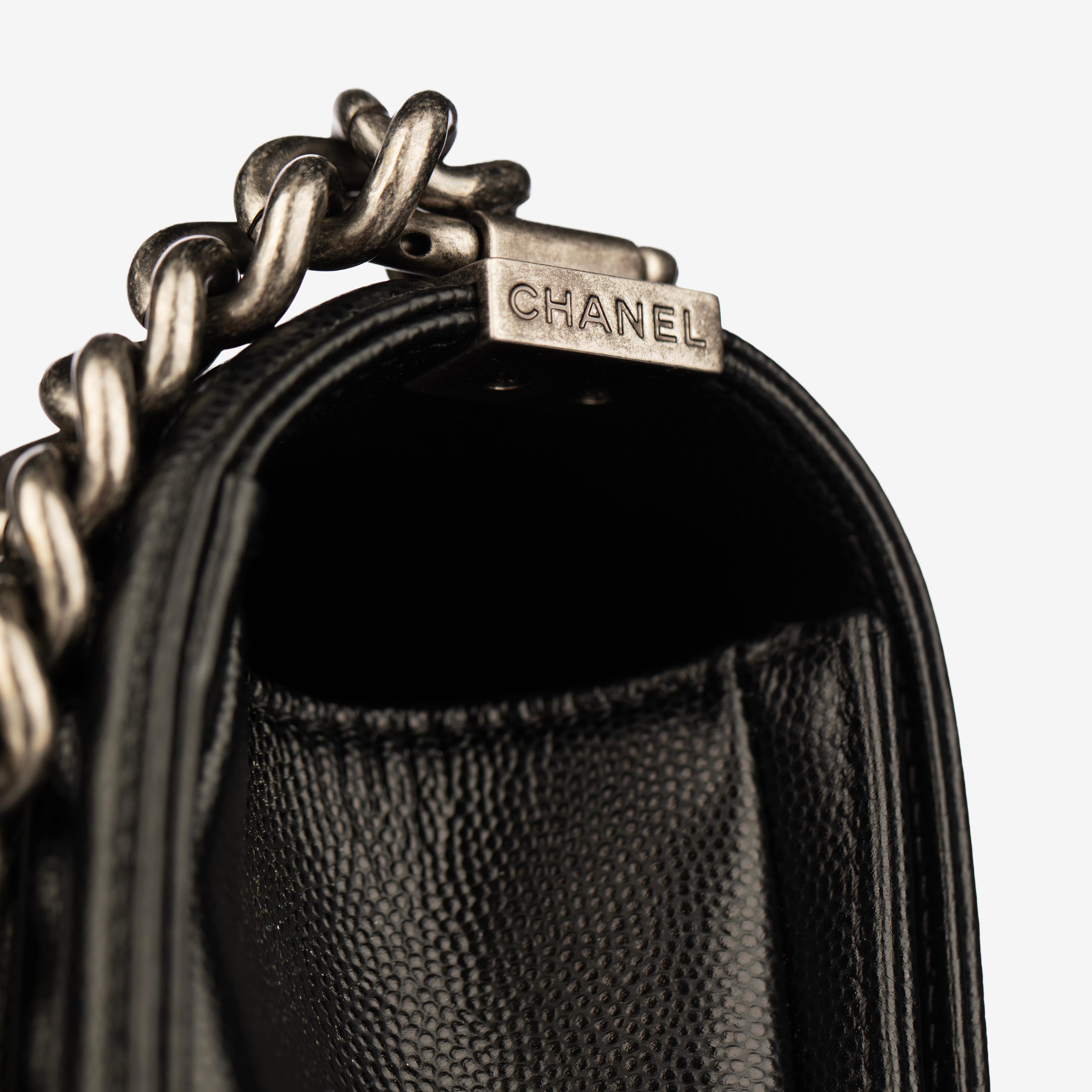 Chanel Boy Bag in Quilted Black Caviar Leather with Aged Silver Hardware For Sale 6