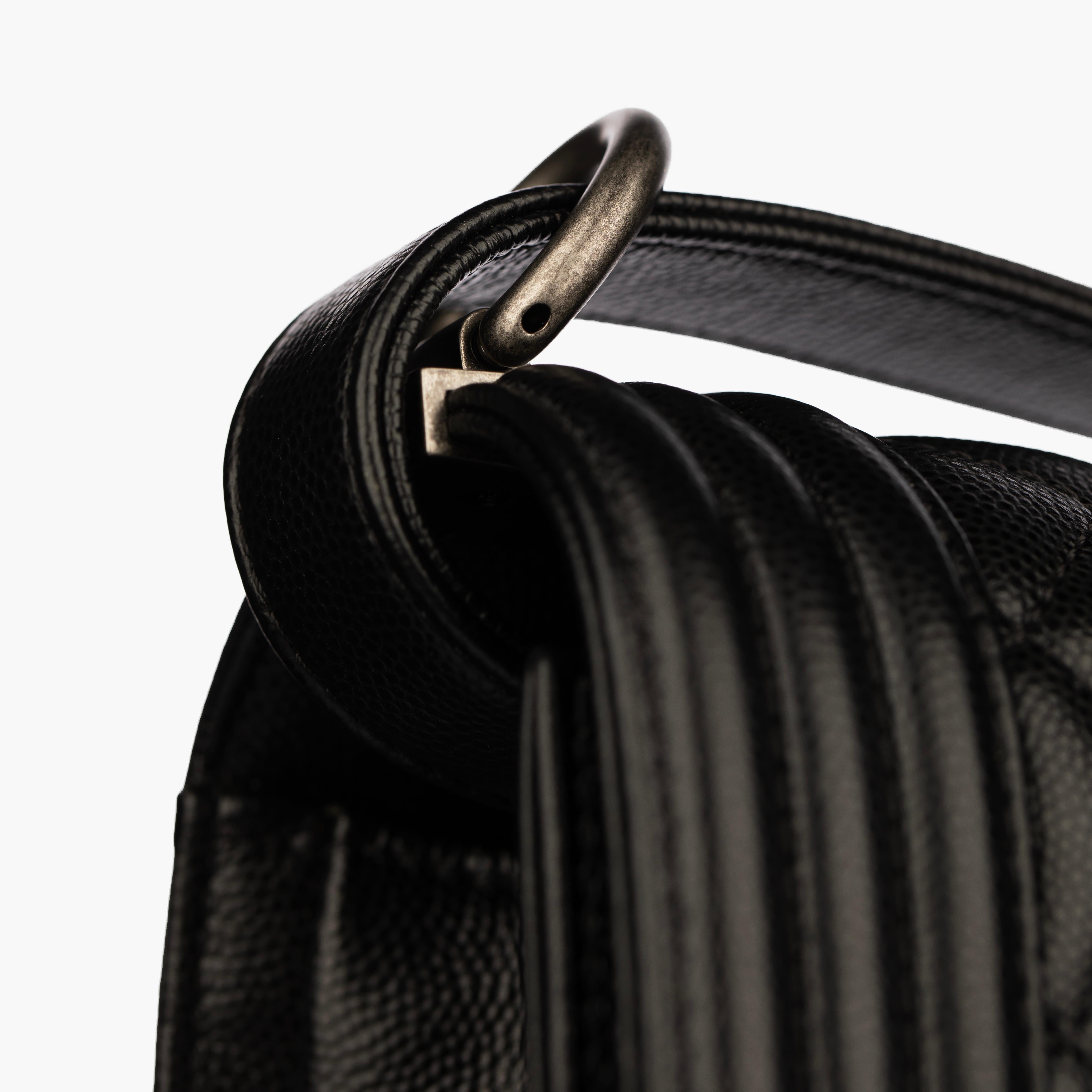 Chanel Boy Bag in Quilted Black Caviar Leather with Aged Silver Hardware For Sale 8
