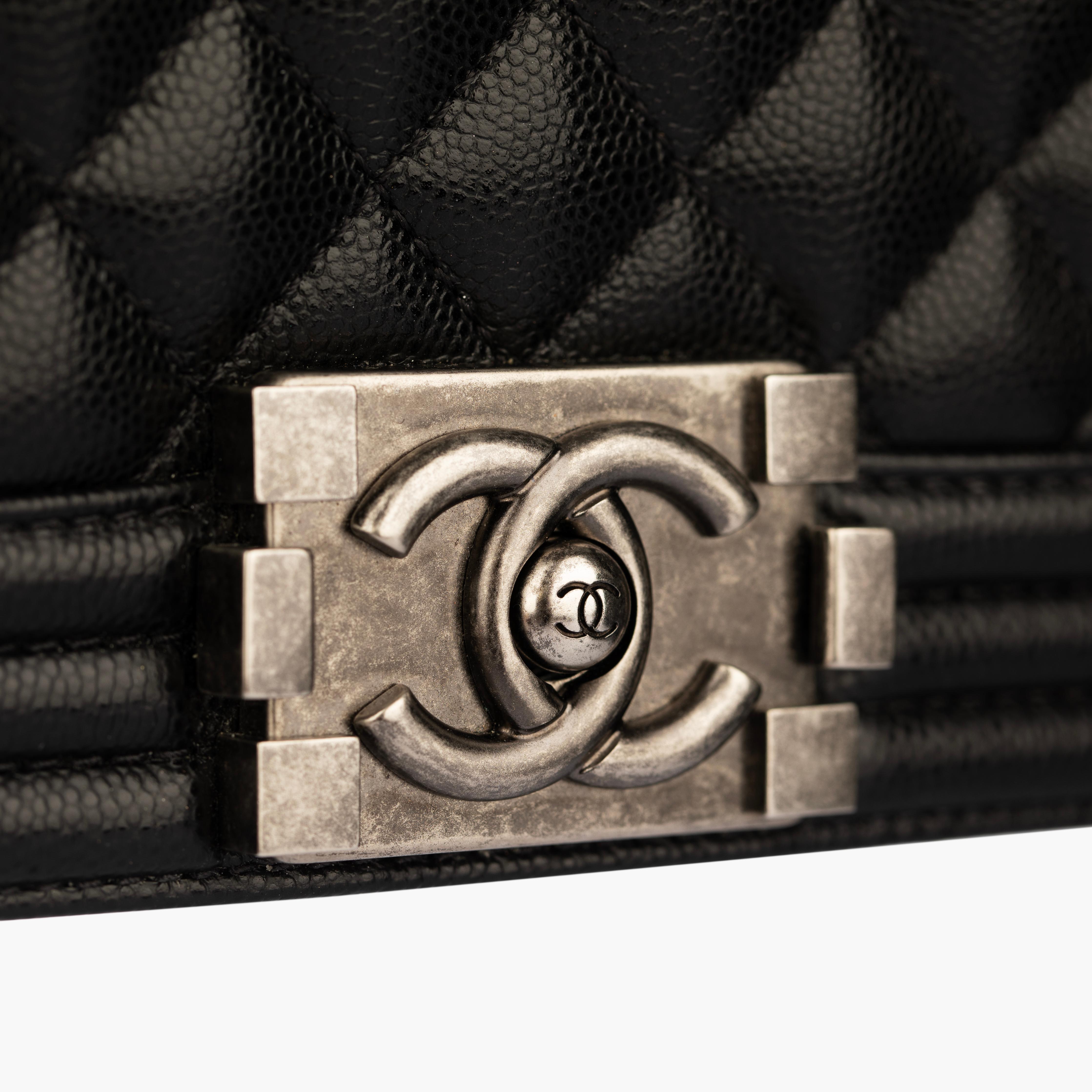 Chanel Boy Bag in Quilted Black Caviar Leather with Aged Silver Hardware For Sale 9