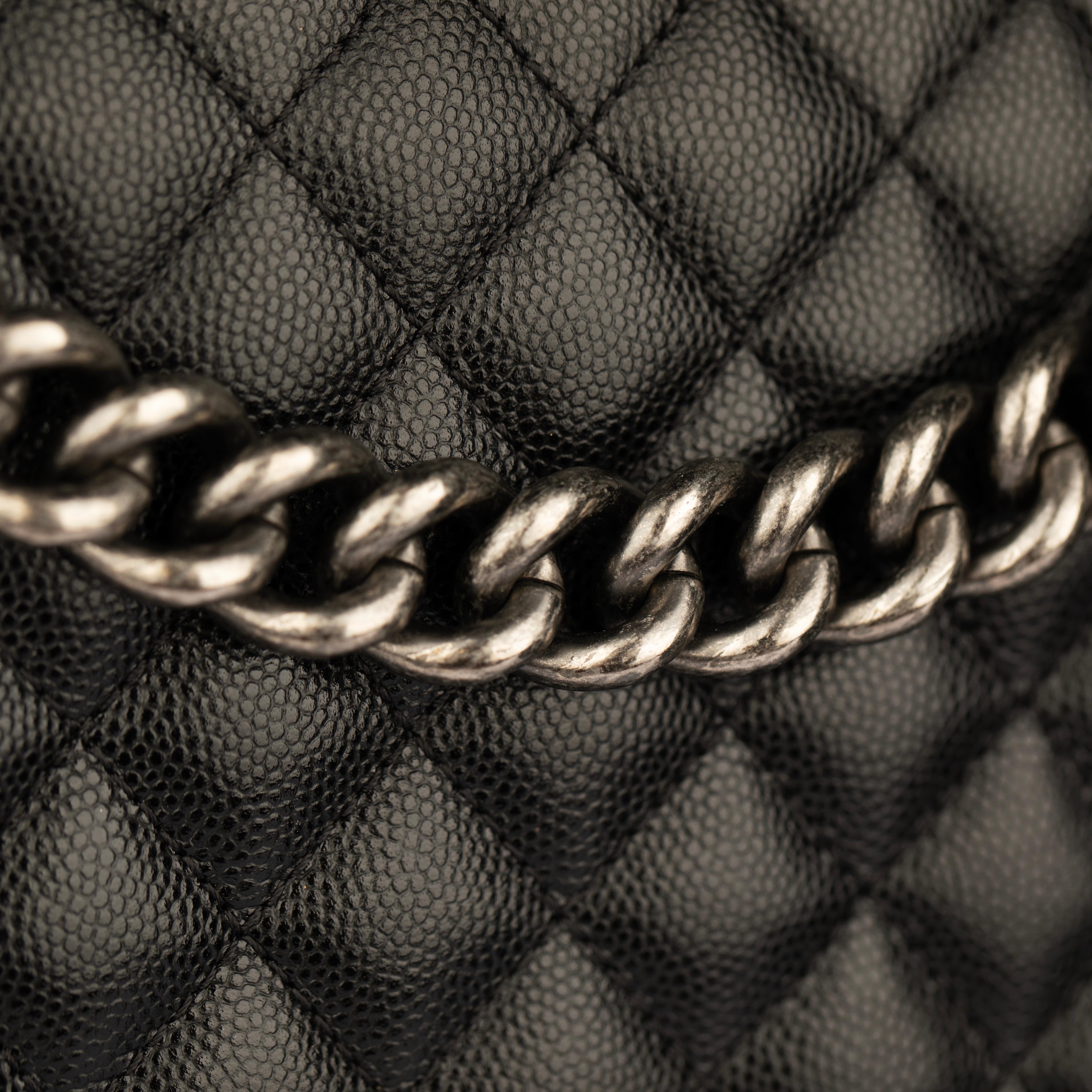 Chanel Boy Bag in Quilted Black Caviar Leather with Aged Silver Hardware For Sale 10