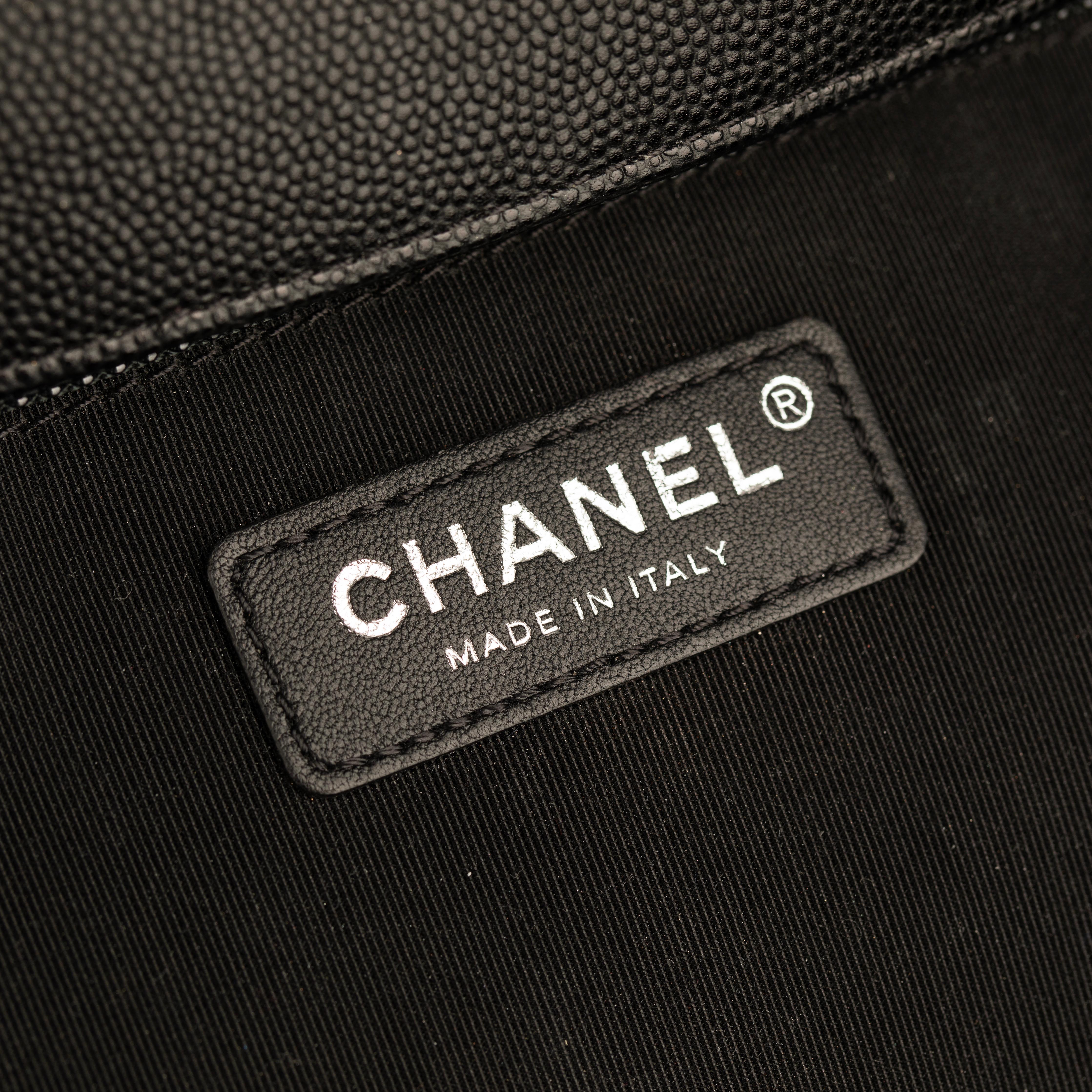 Chanel Boy Bag in Quilted Black Caviar Leather with Aged Silver Hardware For Sale 11