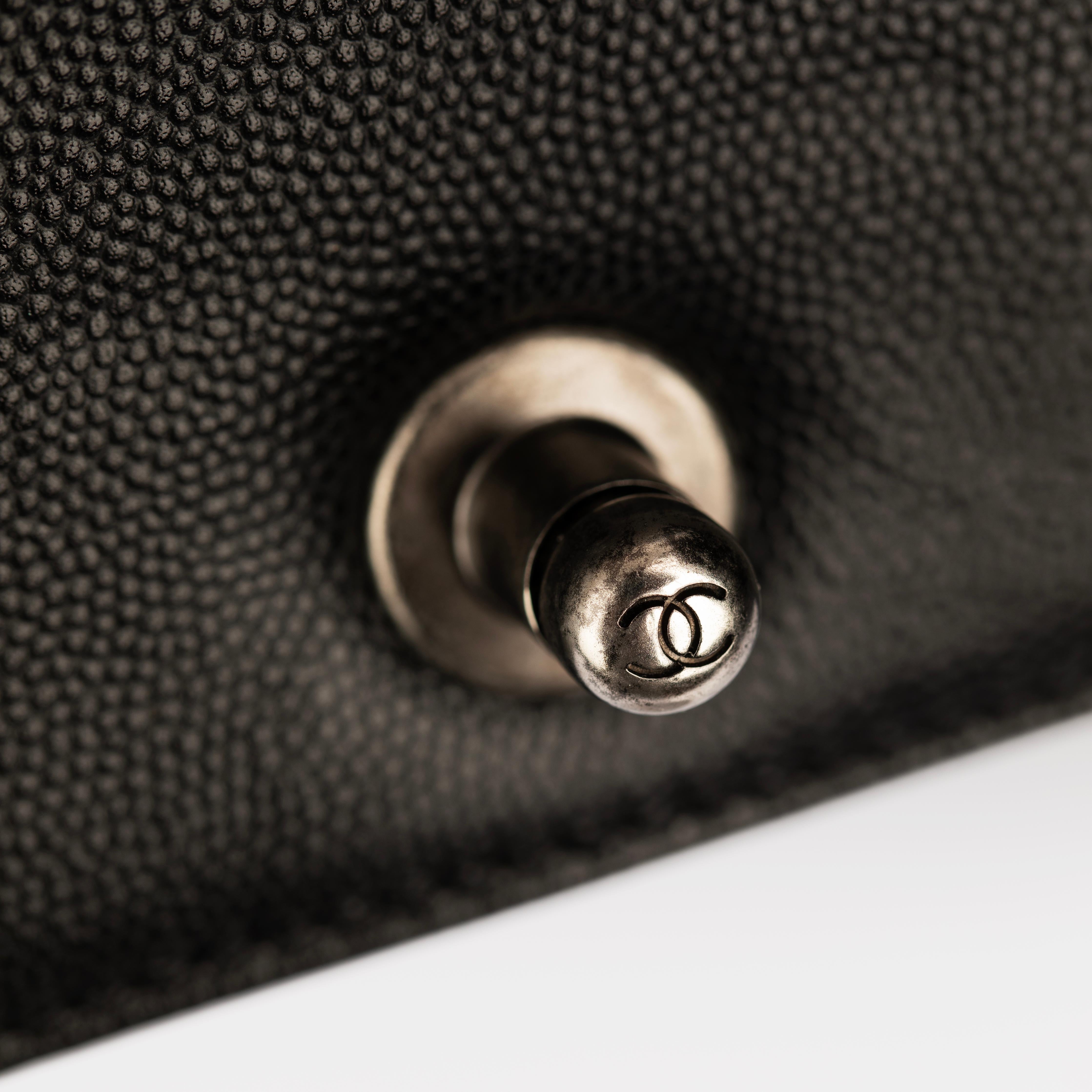 Chanel Boy Bag in Quilted Black Caviar Leather with Aged Silver Hardware For Sale 12