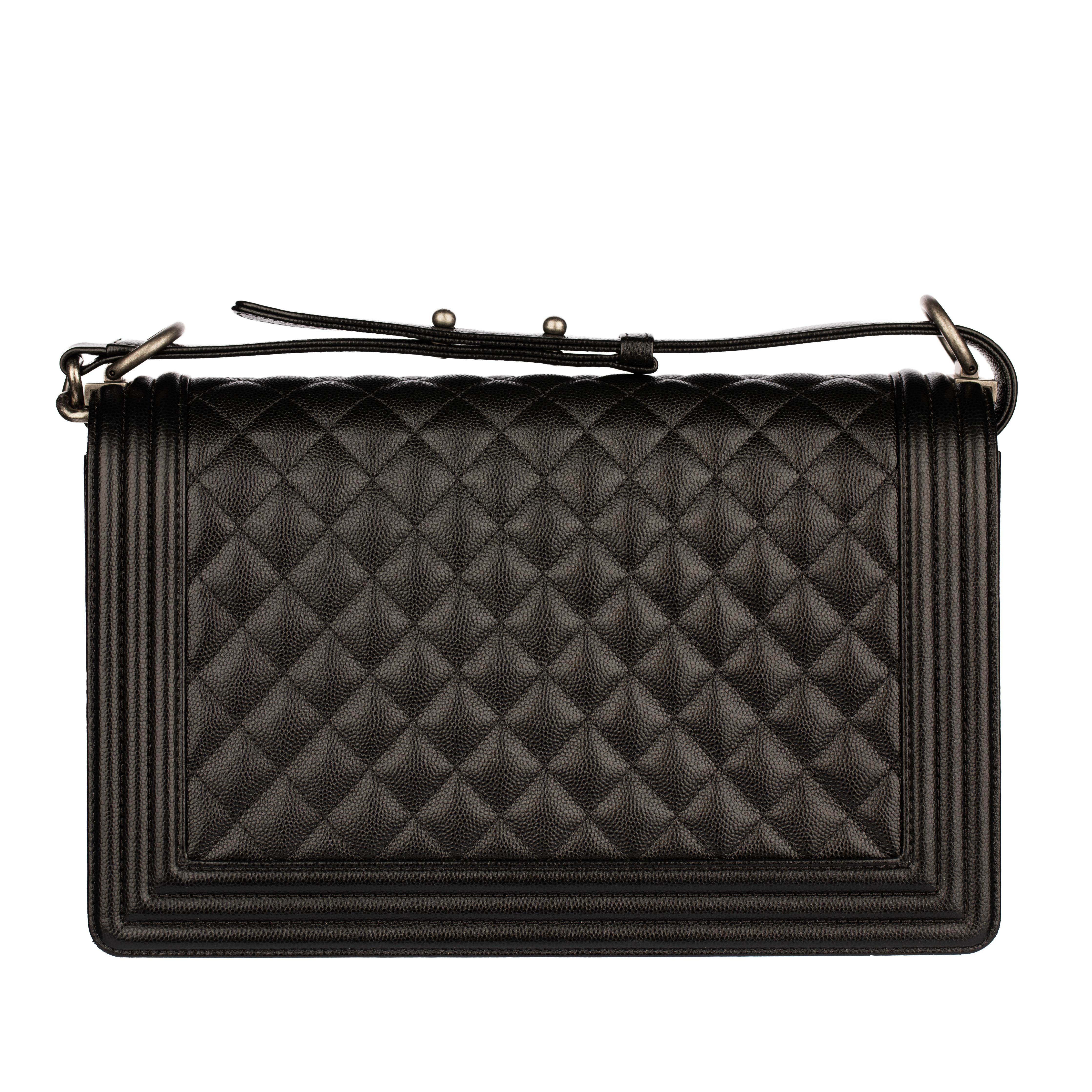 Chanel Boy Bag in Quilted Black Caviar Leather with Aged Silver Hardware For Sale 1
